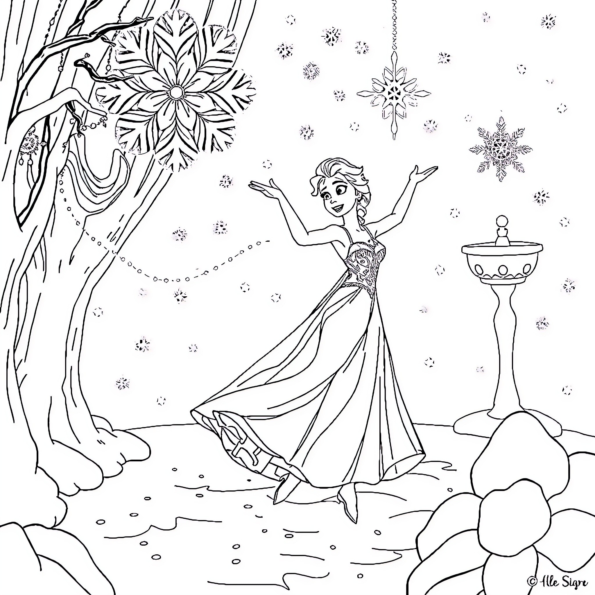 Elsa celebrates winter wonderland with joy and enchantment Coloring Page (free black-and-white line drawing printable PDF for all, from beginners to advanced learners, including children, teens, adults, and seniors)