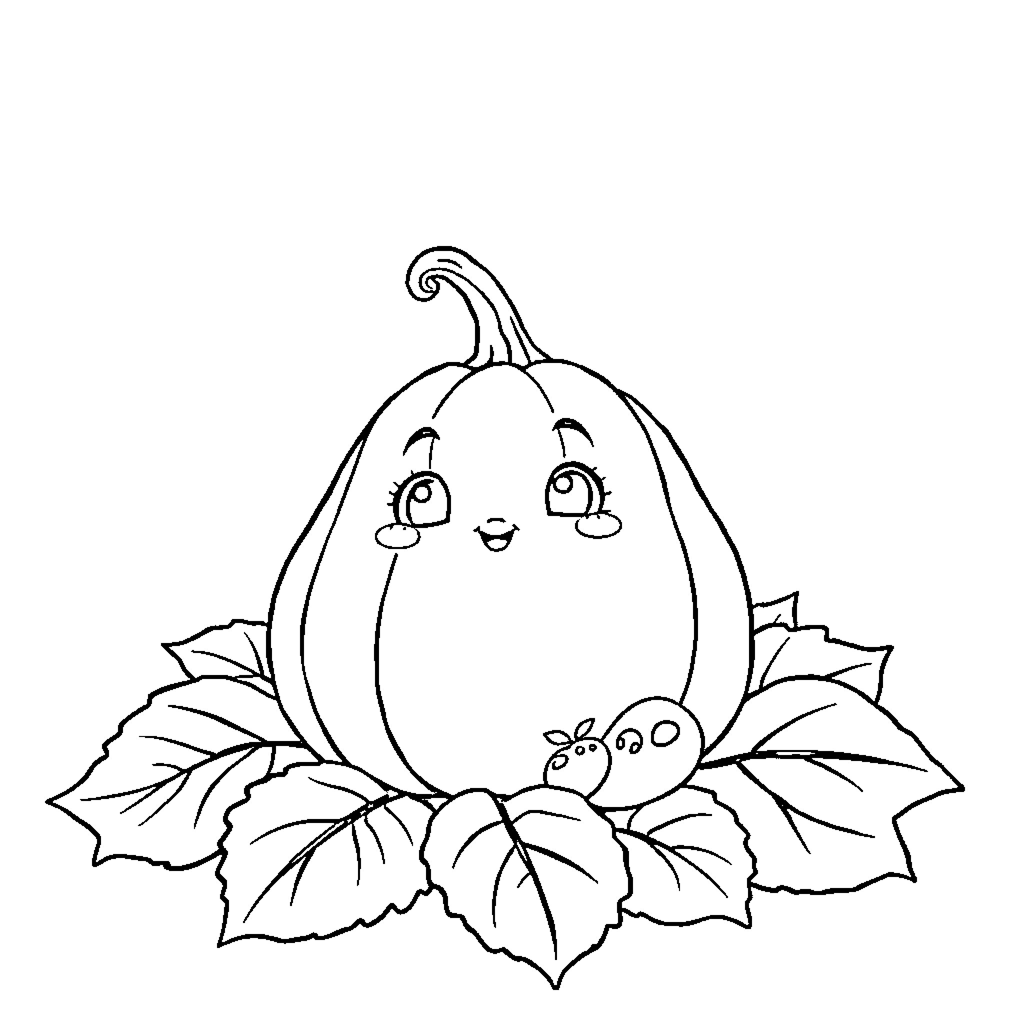 Pumpkin with happy expression amidst leaves Coloring Page (free black-and-white line drawing printable PDF for all, from beginners to advanced learners, including children, teens, adults, and seniors)