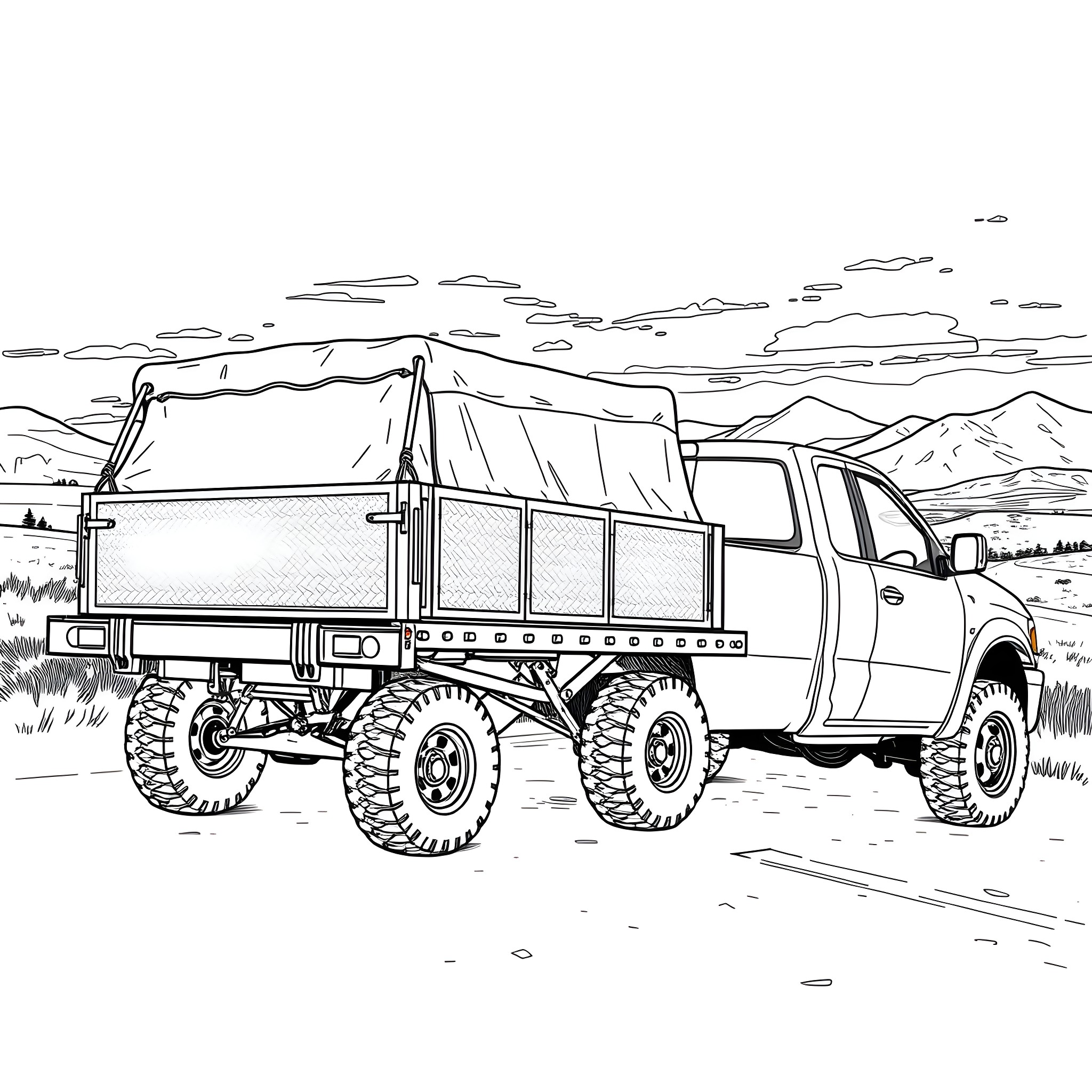Car Trailer Transporting Cargo Truck in Rugged Terrain Coloring Page (free black-and-white line drawing printable PDF for all, from beginners to advanced learners, including children, teens, adults, and seniors)