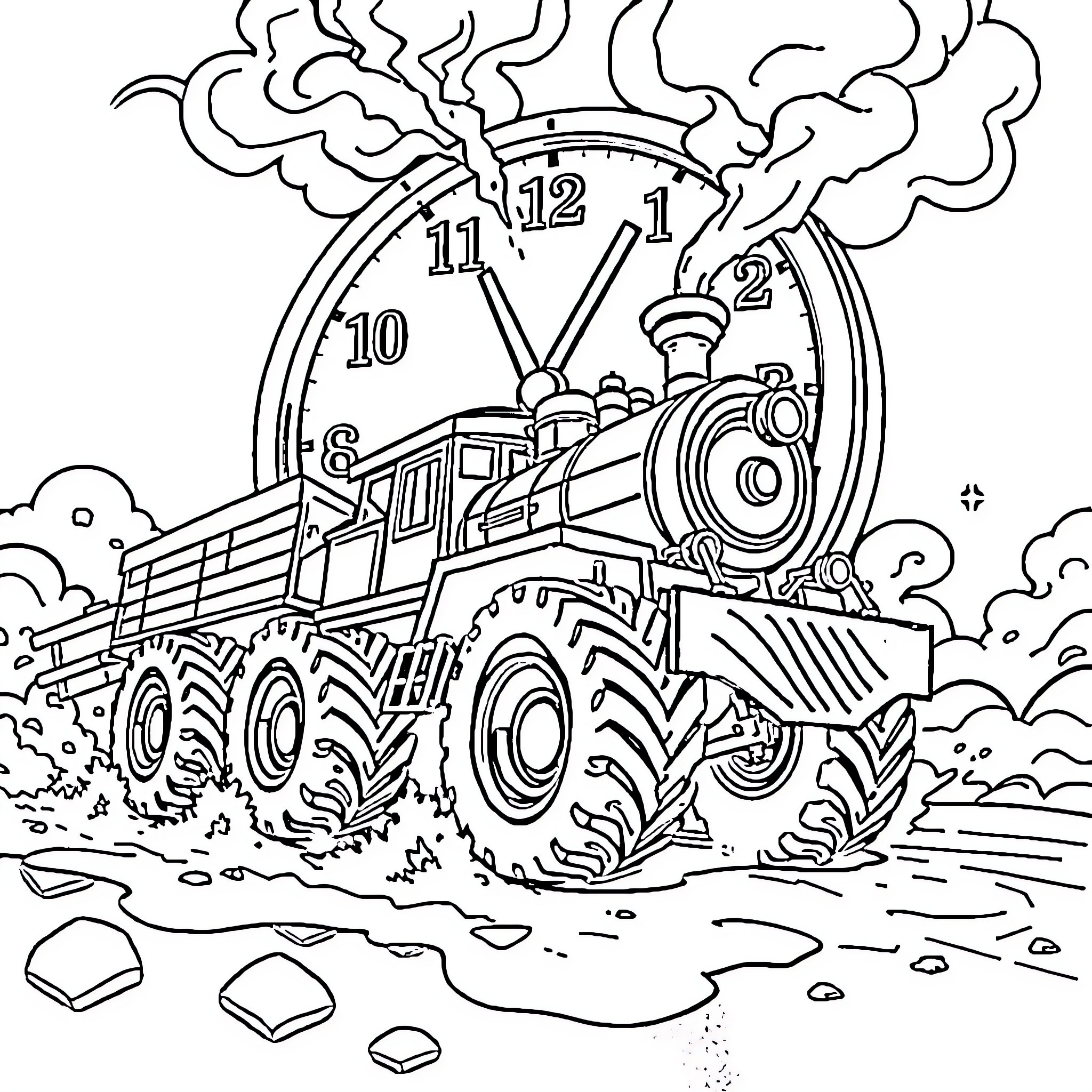 Train racing through the countryside at midnight Coloring Page (free black-and-white line drawing printable PDF for all, from beginners to advanced learners, including children, teens, adults, and seniors)