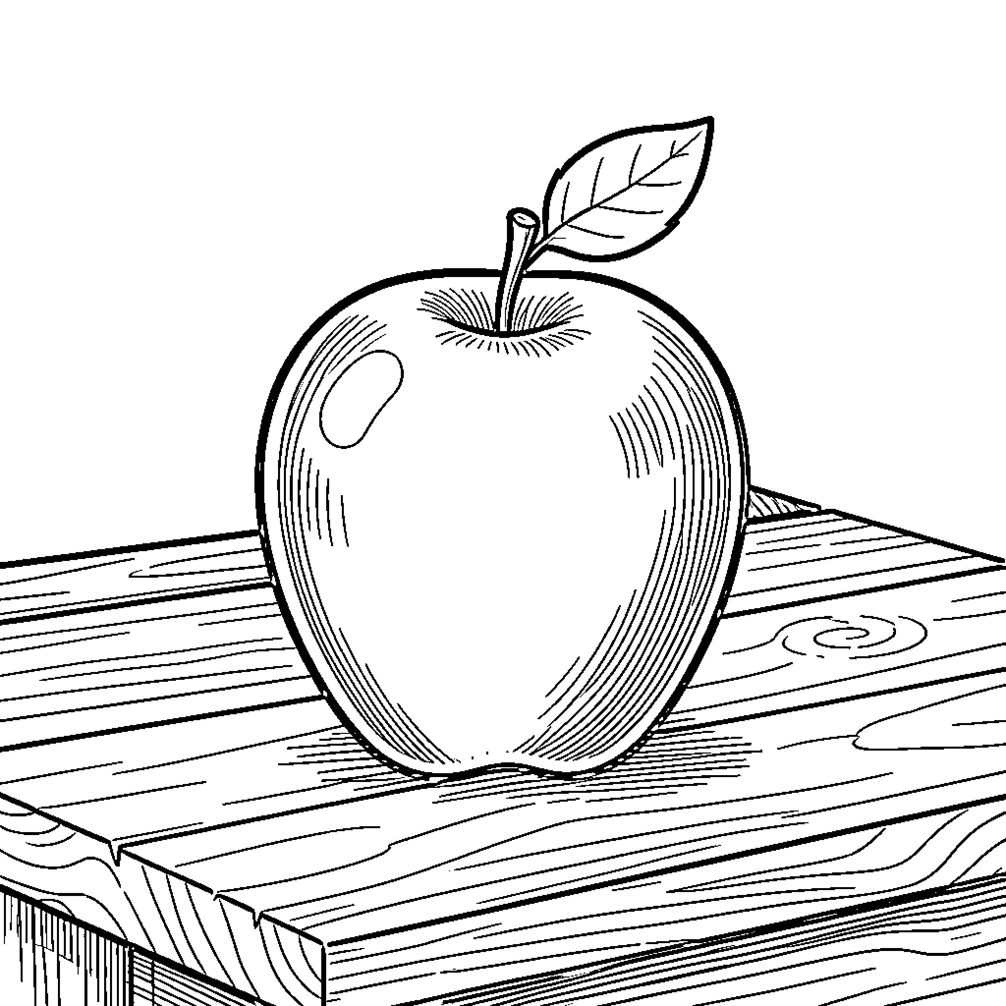 Apple resting on wooden surface Coloring Page (free black-and-white line drawing printable PDF for all, from beginners to advanced learners, including children, teens, adults, and seniors)