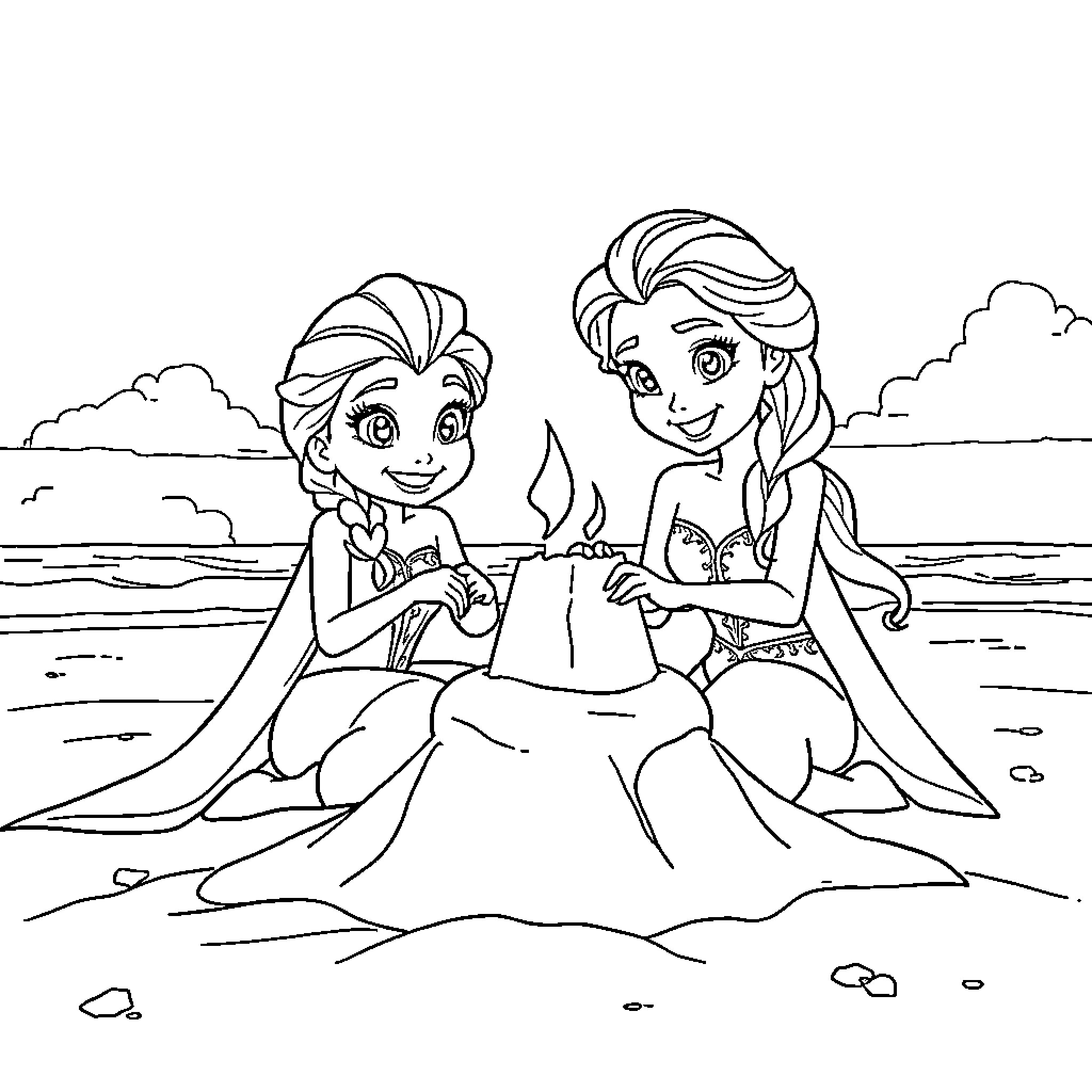 Elsa and Anna playing together in the sand Coloring Page (free black-and-white line drawing printable PDF for all, from beginners to advanced learners, including children, teens, adults, and seniors)