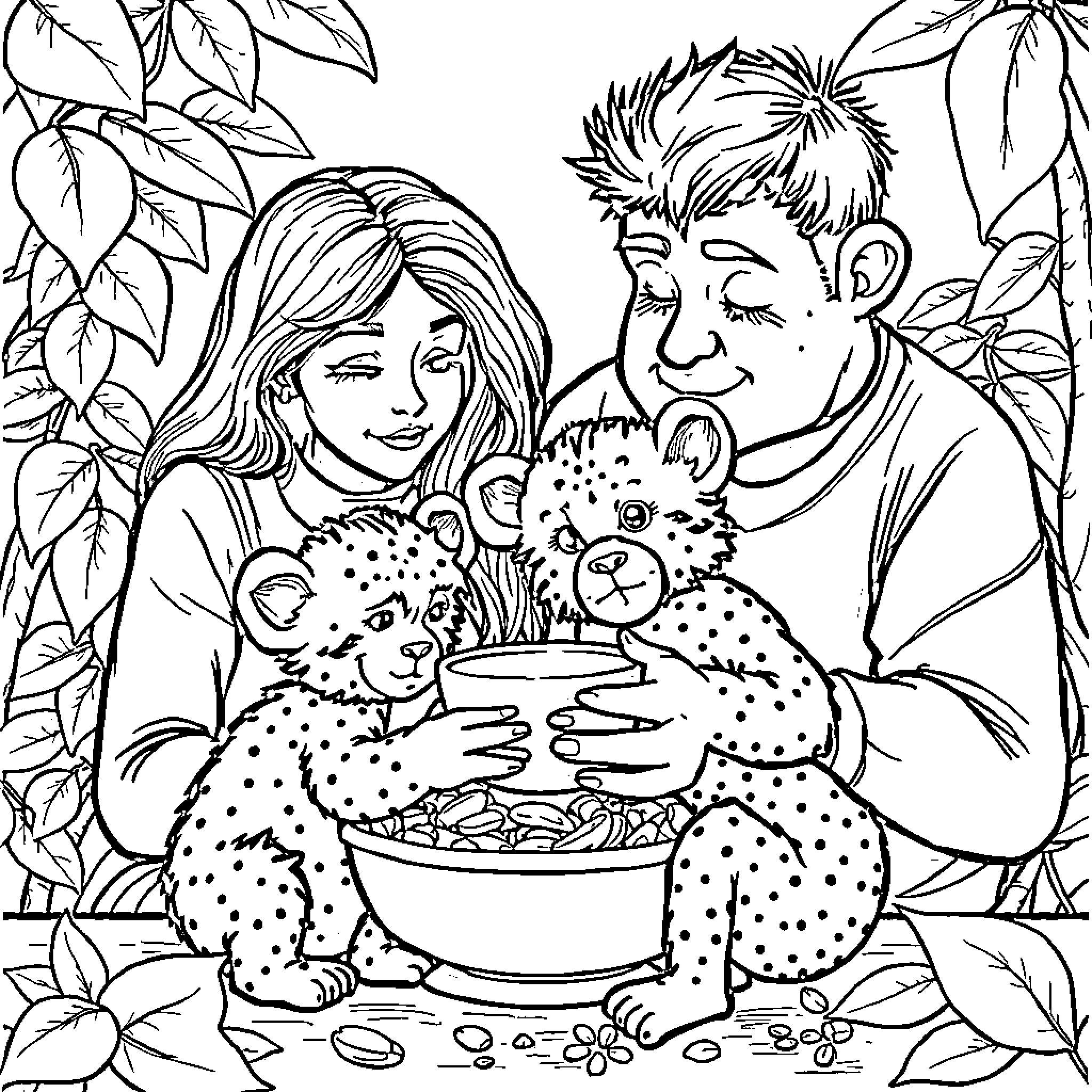 Koalas Feeding on Treats with Humans Coloring Page (free black-and-white line drawing printable PDF for all, from beginners to advanced learners, including children, teens, adults, and seniors)