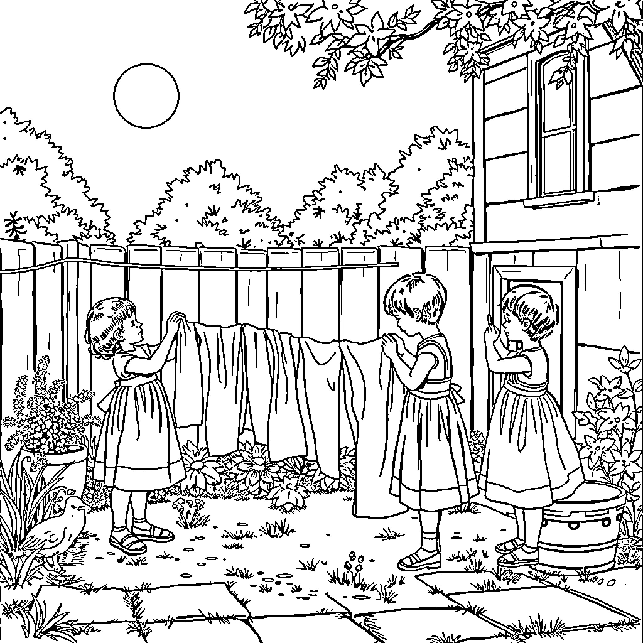 Child playing outside in the garden Coloring Page (free black-and-white line drawing printable PDF for all, from beginners to advanced learners, including children, teens, adults, and seniors)