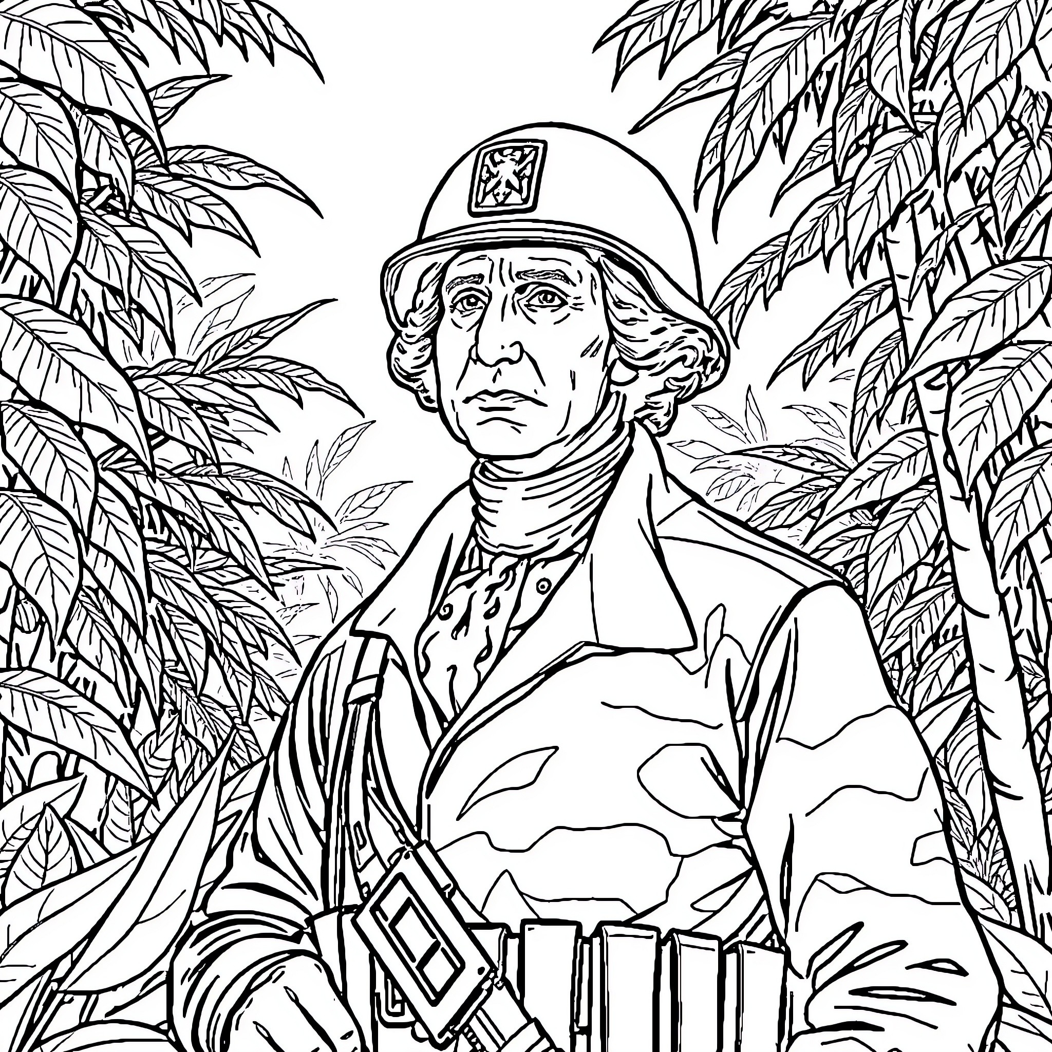 George Washington in Tropical Wilderness Coloring Page (free black-and-white line drawing printable PDF for all, from beginners to advanced learners, including children, teens, adults, and seniors)