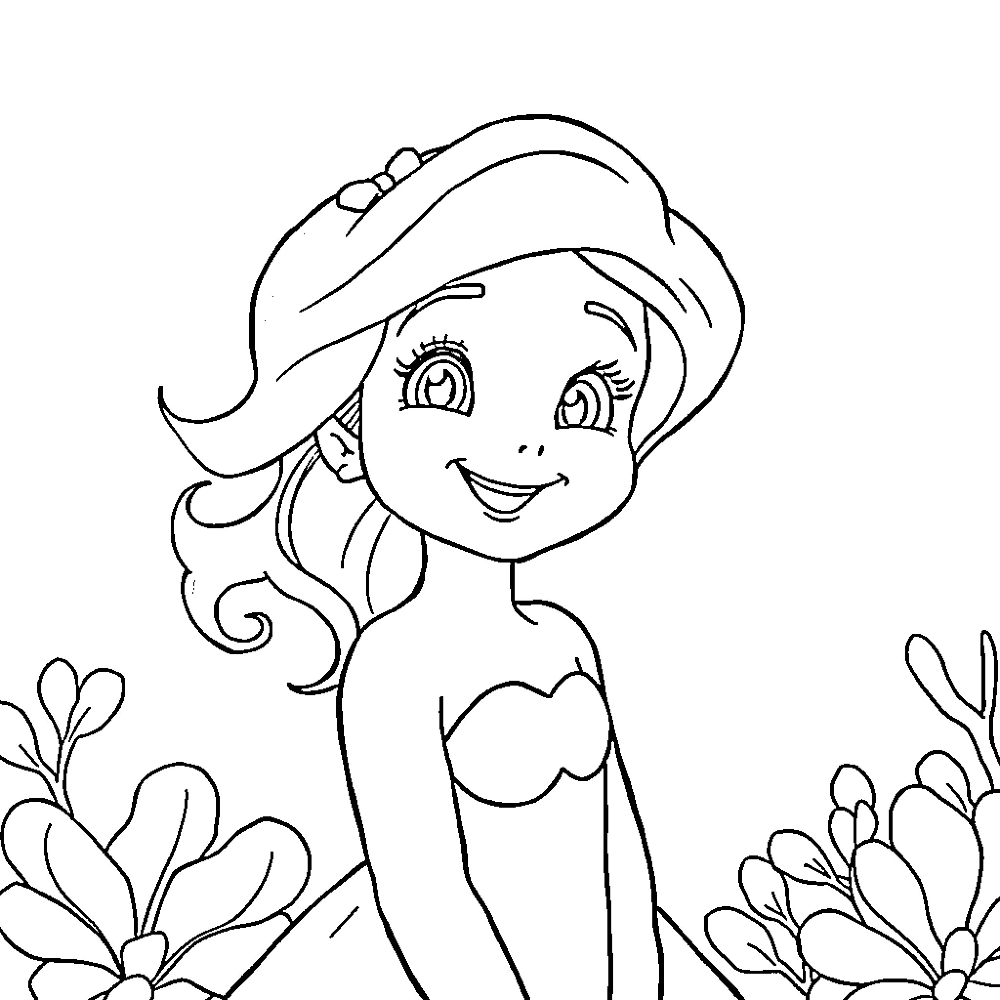 Ariel enjoying the underwater garden Coloring Page (free black-and-white line drawing printable PDF for all, from beginners to advanced learners, including children, teens, adults, and seniors)