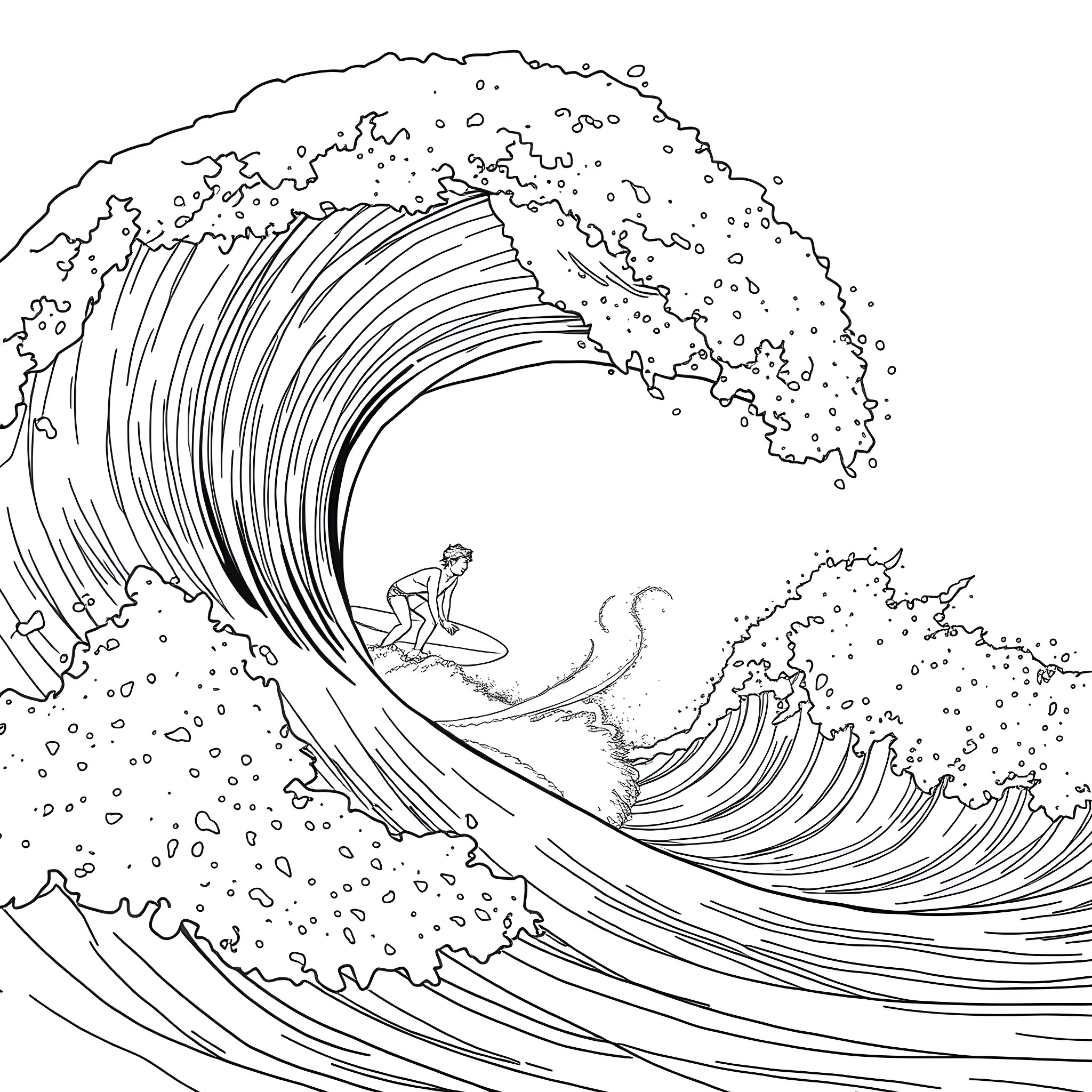 Bodyboarder riding a powerful wave Coloring Page (free black-and-white line drawing printable PDF for all, from beginners to advanced learners, including children, teens, adults, and seniors)
