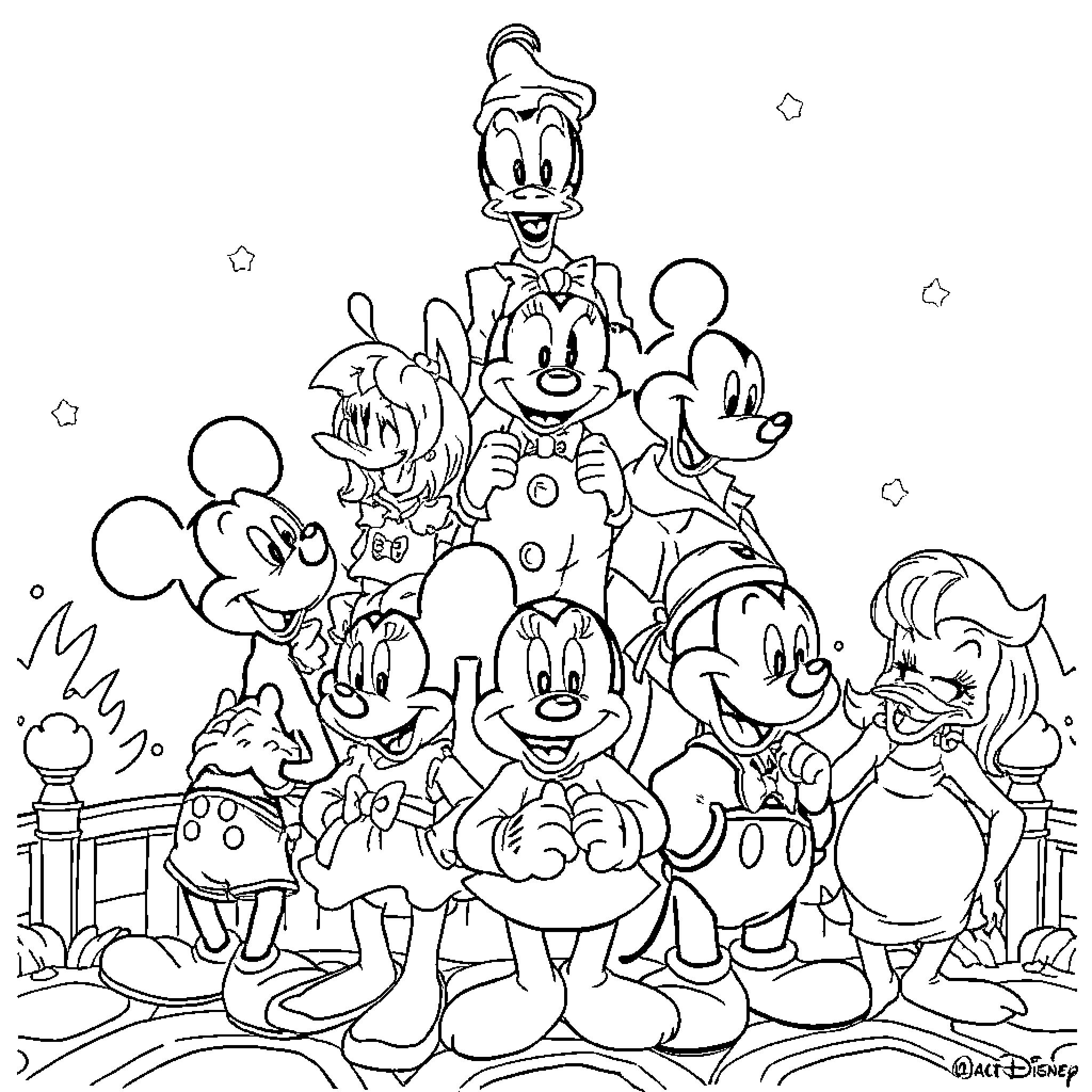 Disney Characters posing together in a joyful group scene Coloring Page (free black-and-white line drawing printable PDF for all, from beginners to advanced learners, including children, teens, adults, and seniors)