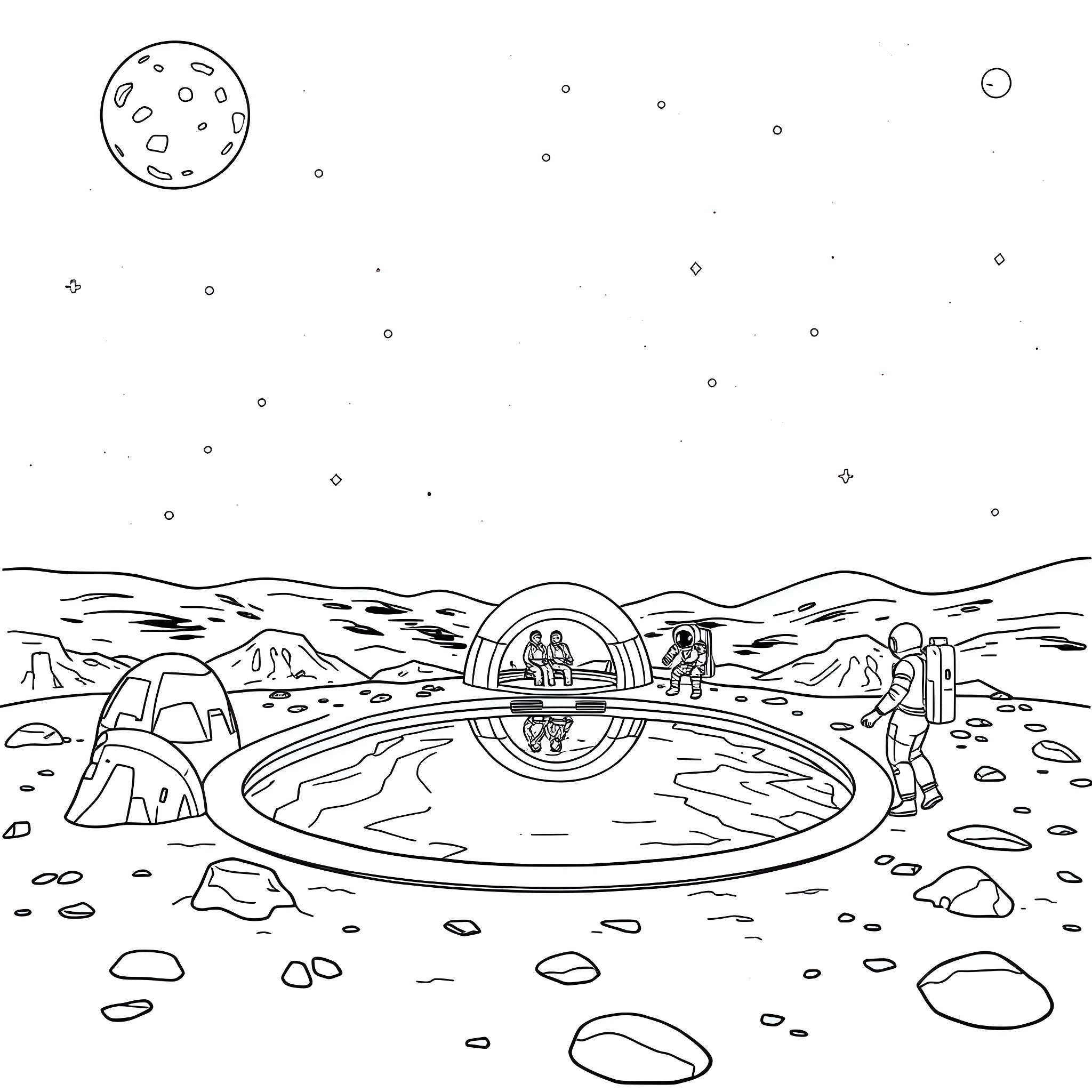 Swimming Pool in Alien Landscape with Explorers Coloring Page (free black-and-white line drawing printable PDF for all, from beginners to advanced learners, including children, teens, adults, and seniors)