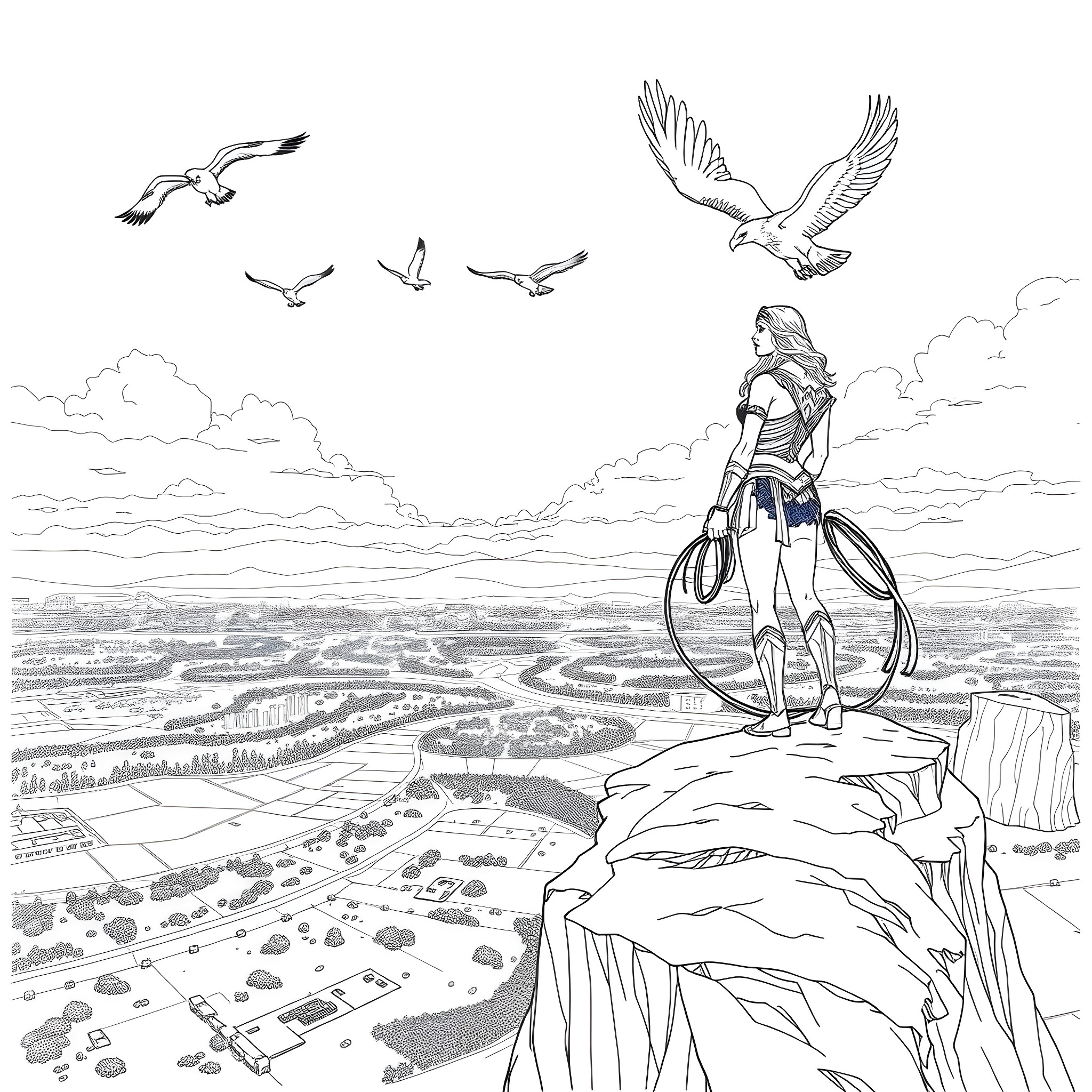 Wonder Woman overlooking the landscape with flying birds Coloring Page (free black-and-white line drawing printable PDF for all, from beginners to advanced learners, including children, teens, adults, and seniors)