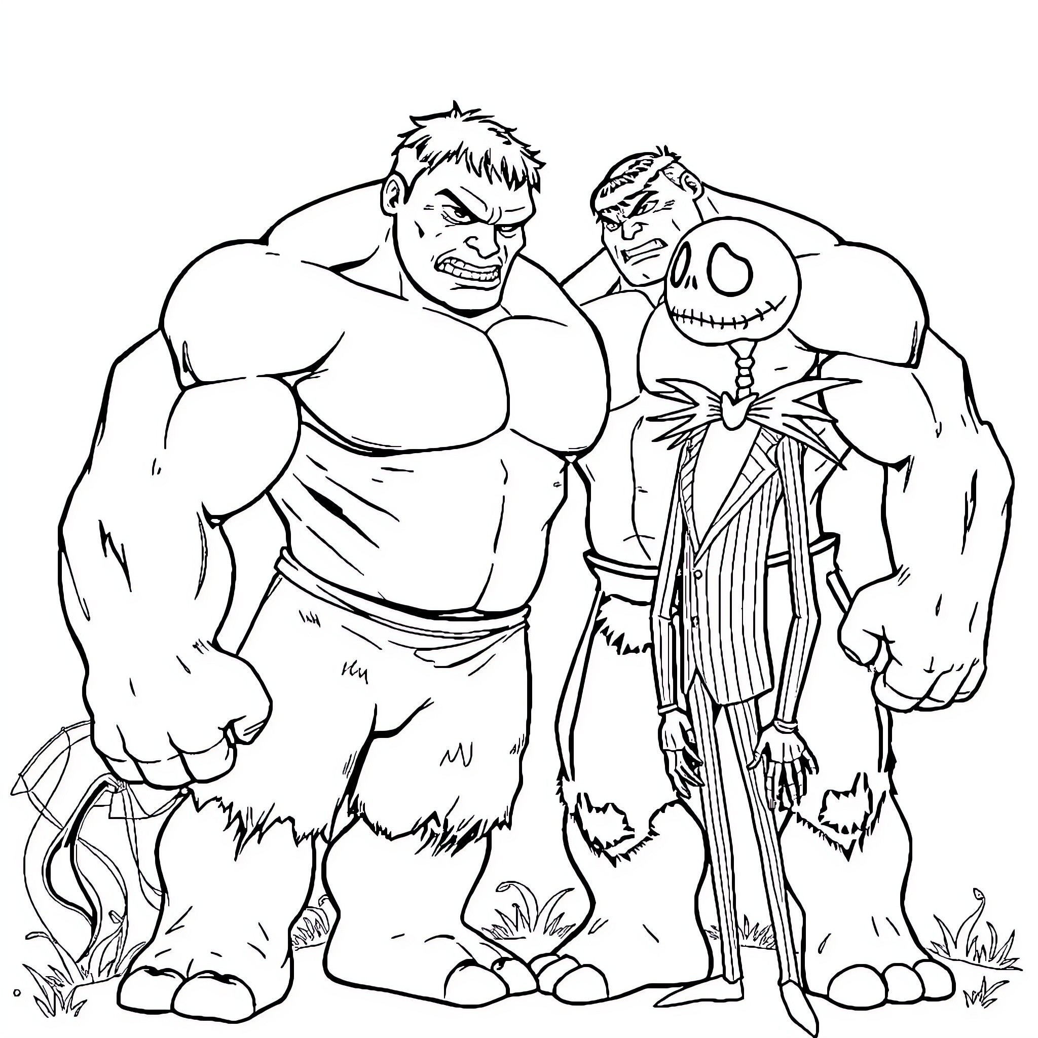 Hulk Confronting Mysterious Creature in the Wilderness Coloring Page (free black-and-white line drawing printable PDF for all, from beginners to advanced learners, including children, teens, adults, and seniors)