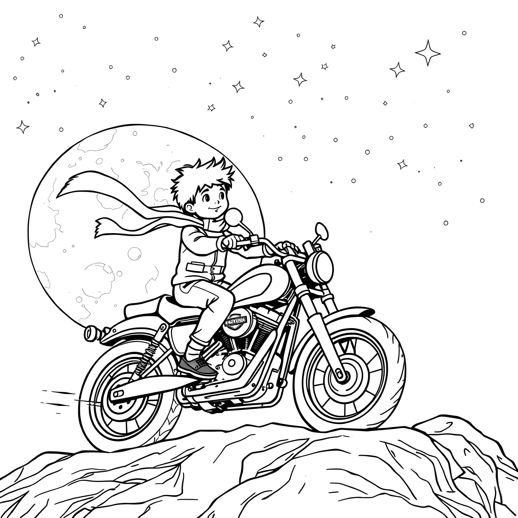 Petit Prince riding motorcycle under starry sky Coloring Page (free black-and-white line drawing printable PDF for all, from beginners to advanced learners, including children, teens, adults, and seniors)