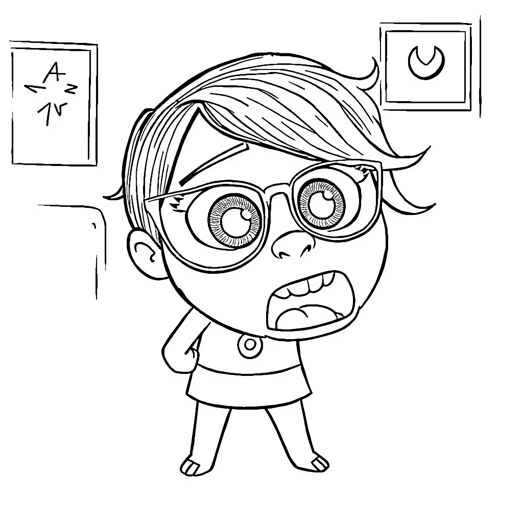 Inside Out - Surprised and Confused Girl Coloring Page (free black-and-white line drawing printable PDF for all, from beginners to advanced learners, including children, teens, adults, and seniors)