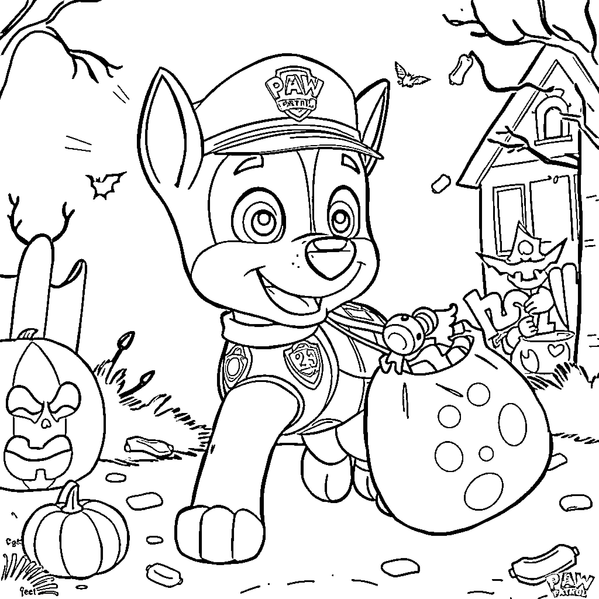 Chase the Pup's Halloween Adventure Coloring Page (free black-and-white line drawing printable PDF for all, from beginners to advanced learners, including children, teens, adults, and seniors)