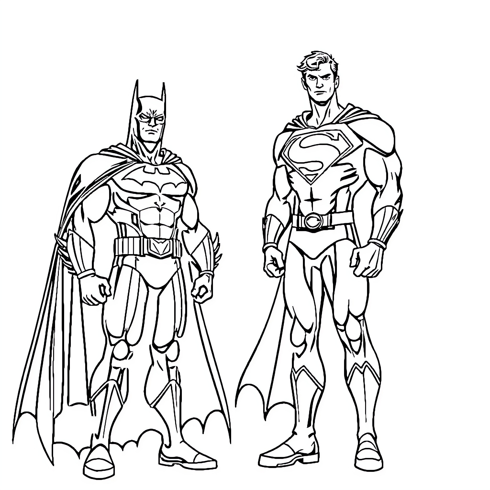 Batman and Superman in action poses Coloring Page (free black-and-white line drawing printable PDF for all, from beginners to advanced learners, including children, teens, adults, and seniors)