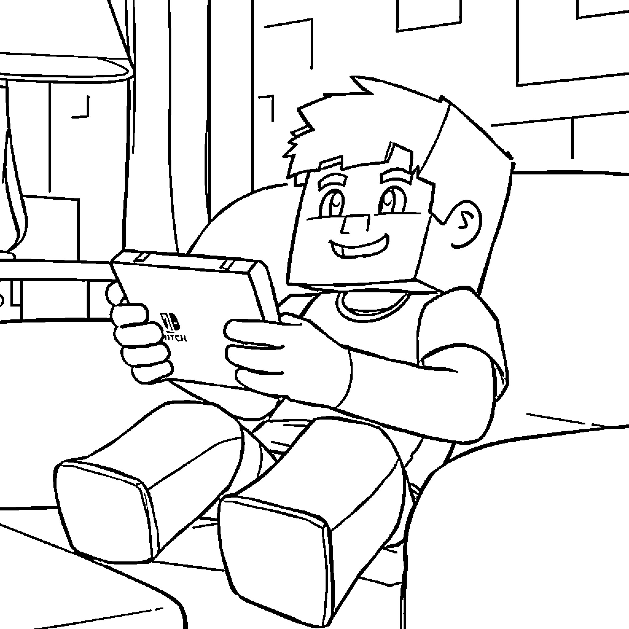 Steve playing video game excitedly Coloring Page (free black-and-white line drawing printable PDF for all, from beginners to advanced learners, including children, teens, adults, and seniors)