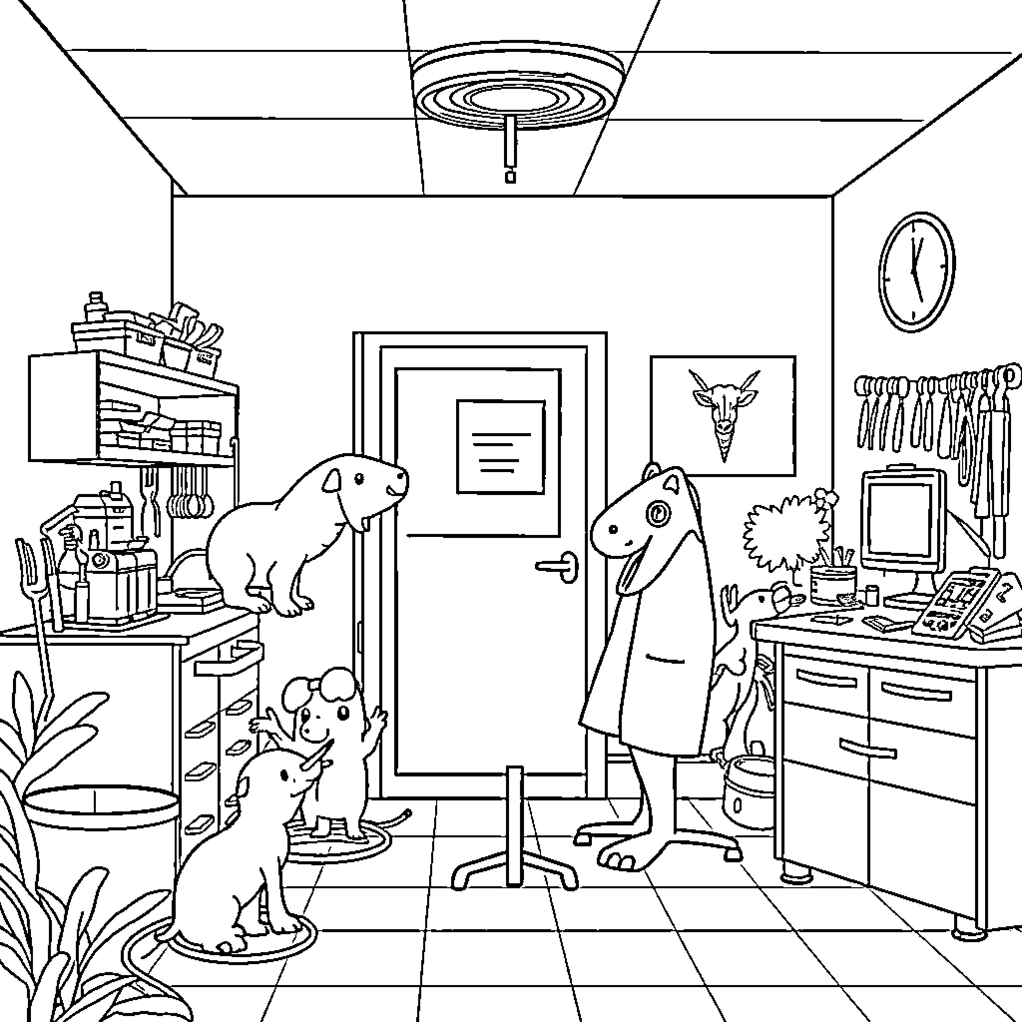 Zoo Animals Roaming Around a Cluttered Office Coloring Page (free black-and-white line drawing printable PDF for all, from beginners to advanced learners, including children, teens, adults, and seniors)