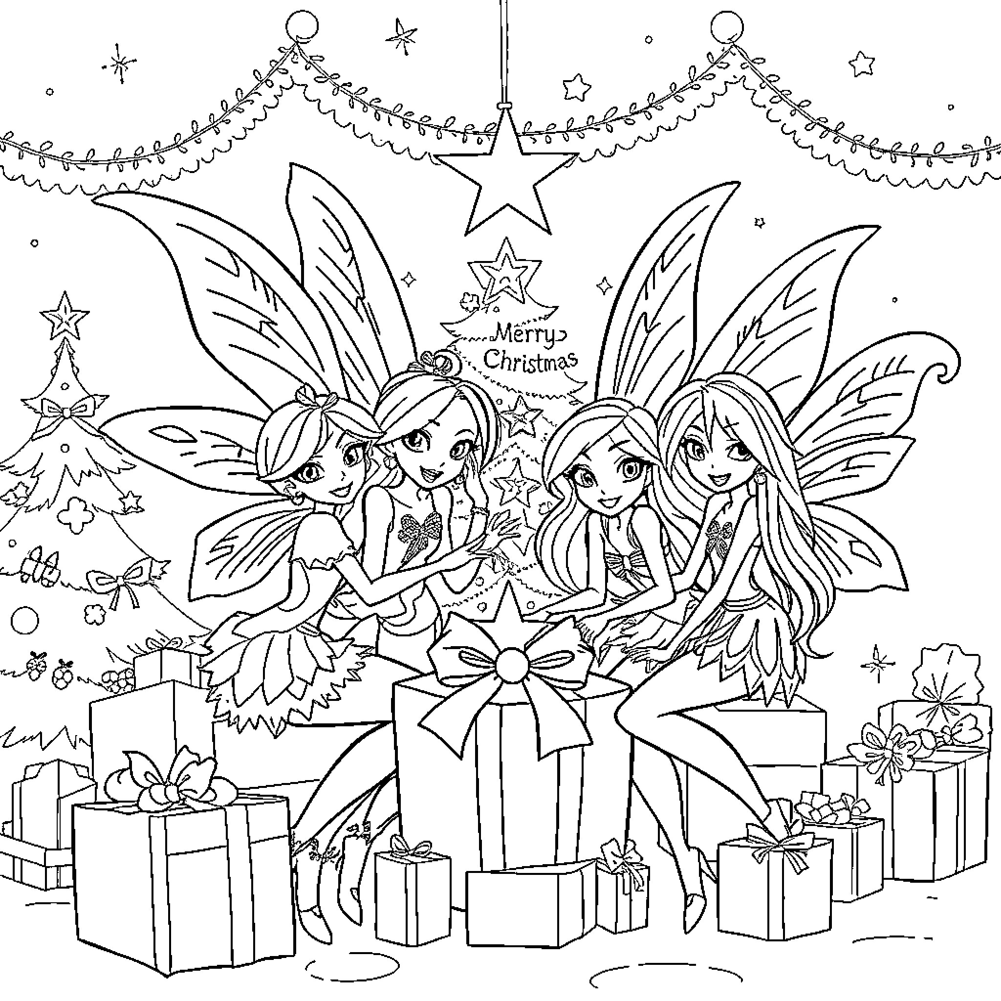 Winx fairies celebrate Christmas with joy and wonder Coloring Page (free black-and-white line drawing printable PDF for all, from beginners to advanced learners, including children, teens, adults, and seniors)
