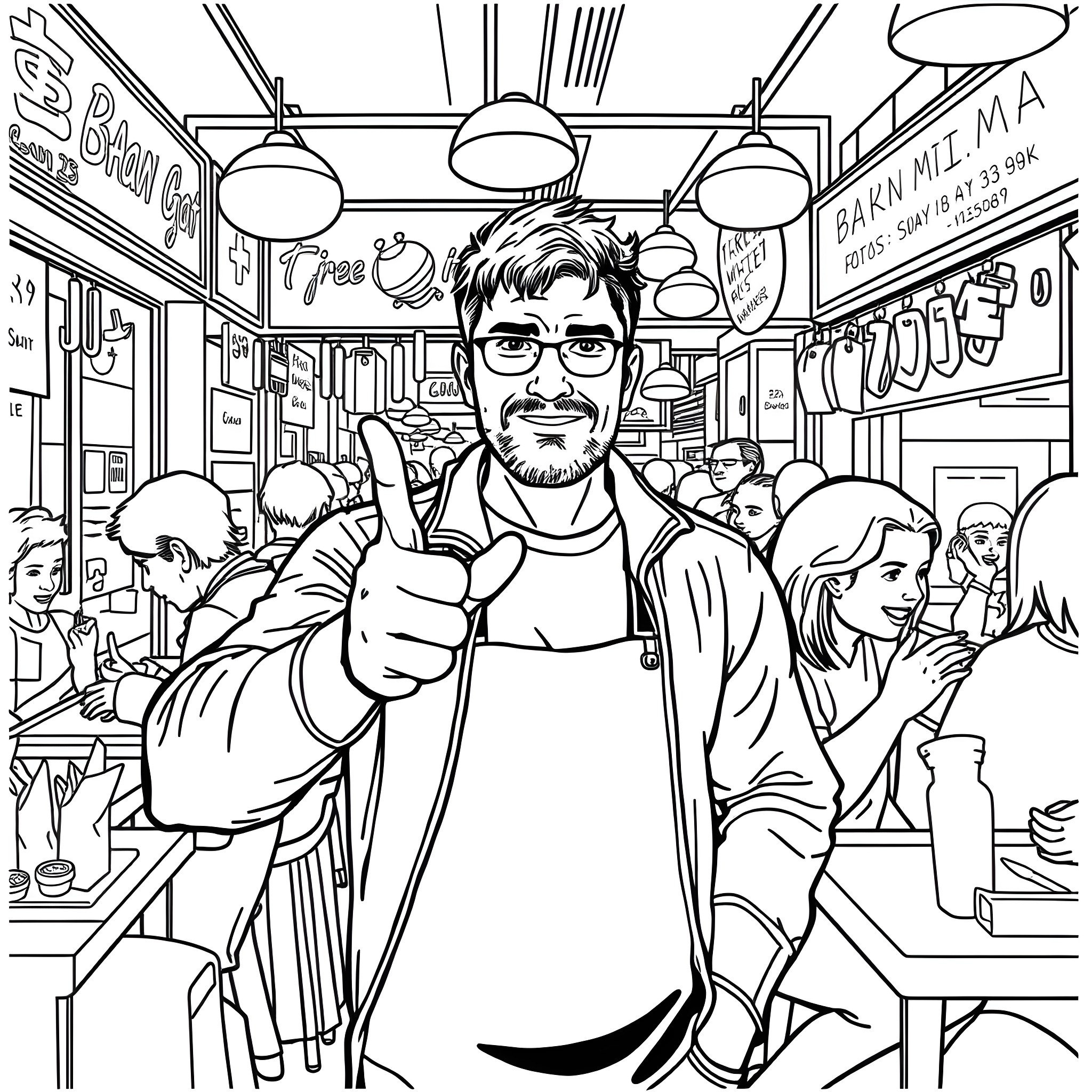 Dustin Martin sharing a thumbs up in a busy diner Coloring Page (free black-and-white line drawing printable PDF for all, from beginners to advanced learners, including children, teens, adults, and seniors)