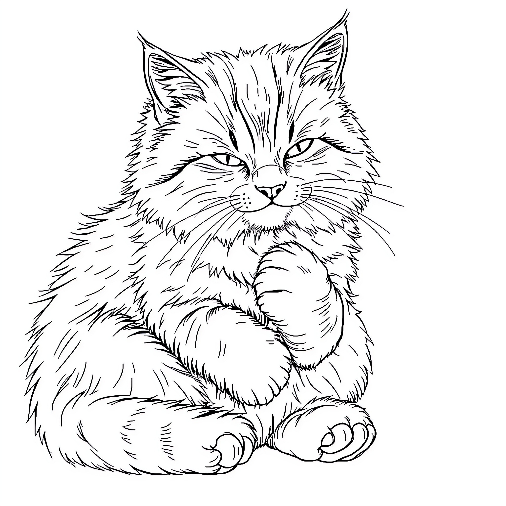 Cat sitting calmly with attentive expression Coloring Page (free black-and-white line drawing printable PDF for all, from beginners to advanced learners, including children, teens, adults, and seniors)