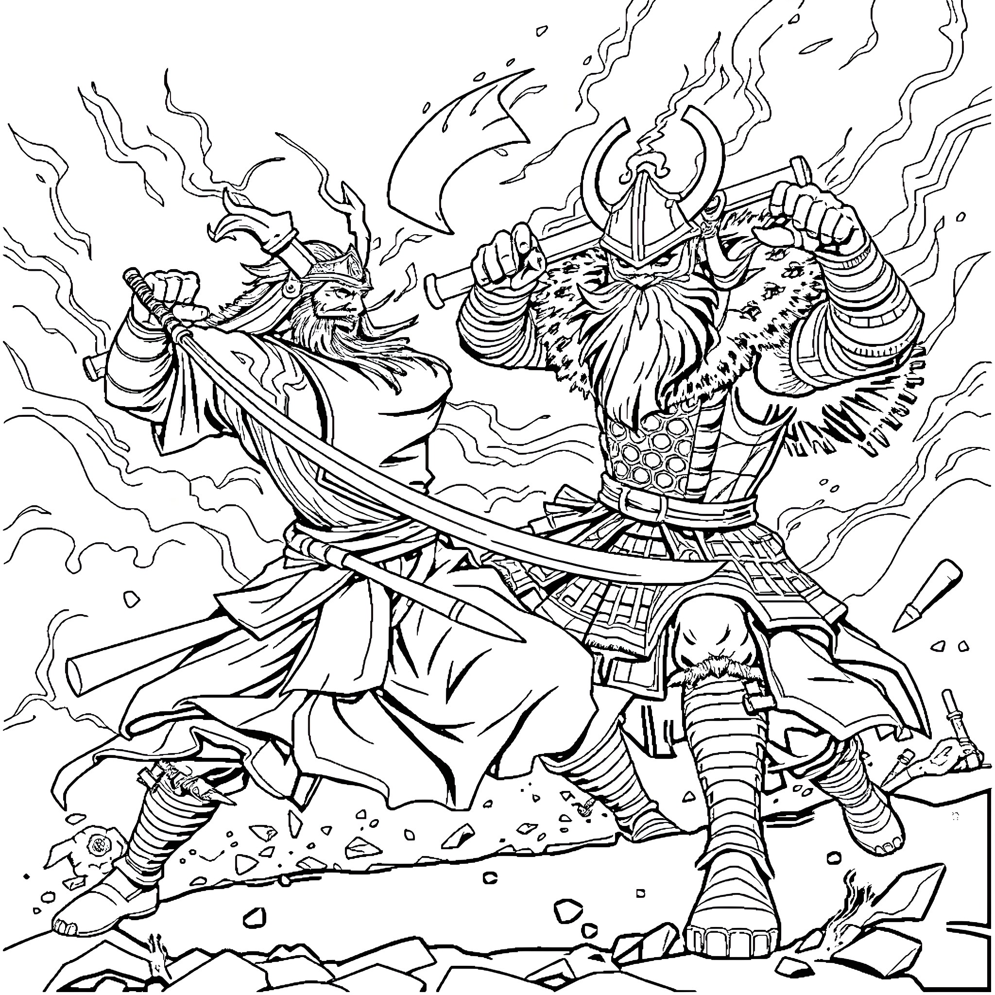 Samurai warriors engaged in intense battle Coloring Page (free black-and-white line drawing printable PDF for all, from beginners to advanced learners, including children, teens, adults, and seniors)