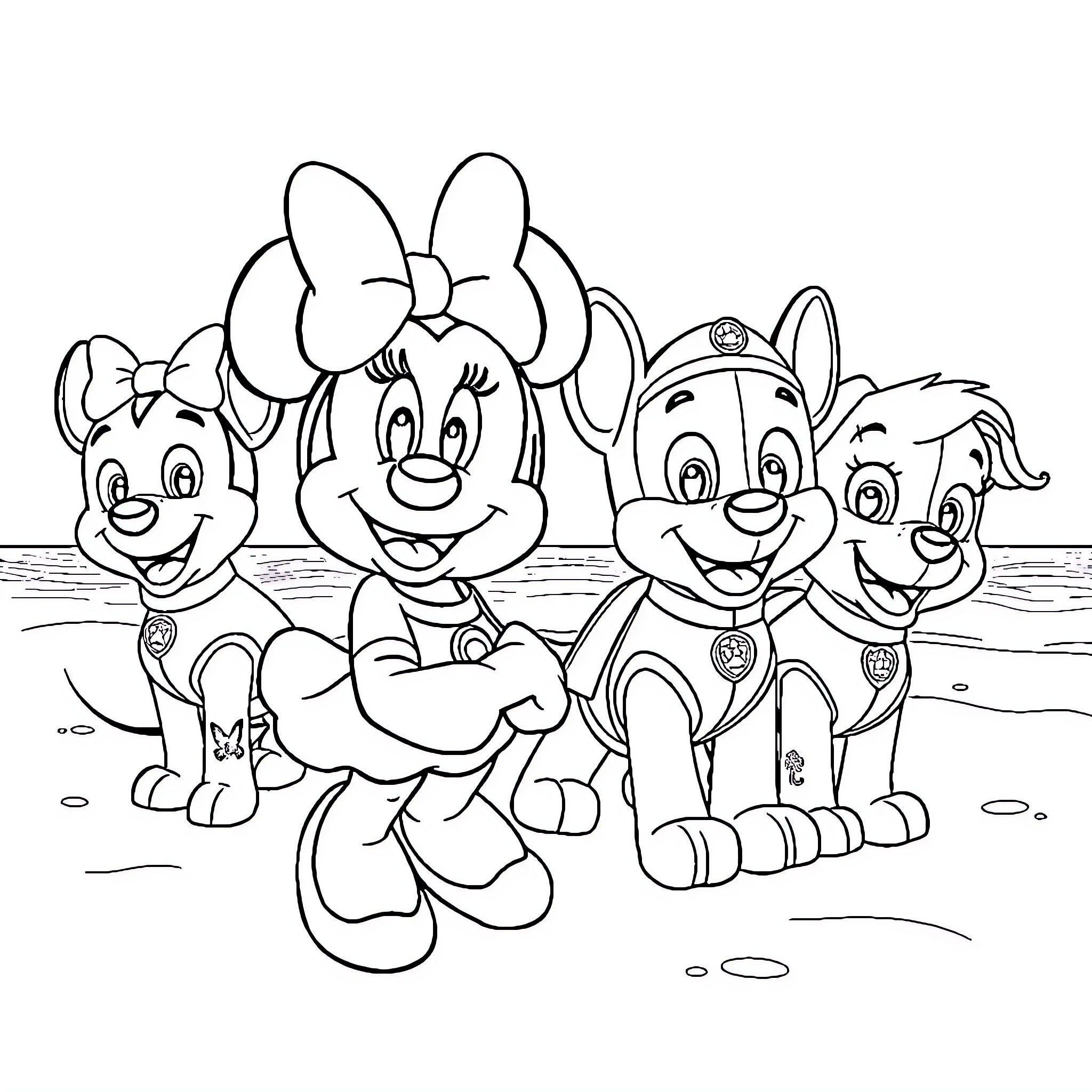 Minnie Mouse and friends playing together happily Coloring Page (free black-and-white line drawing printable PDF for all, from beginners to advanced learners, including children, teens, adults, and seniors)