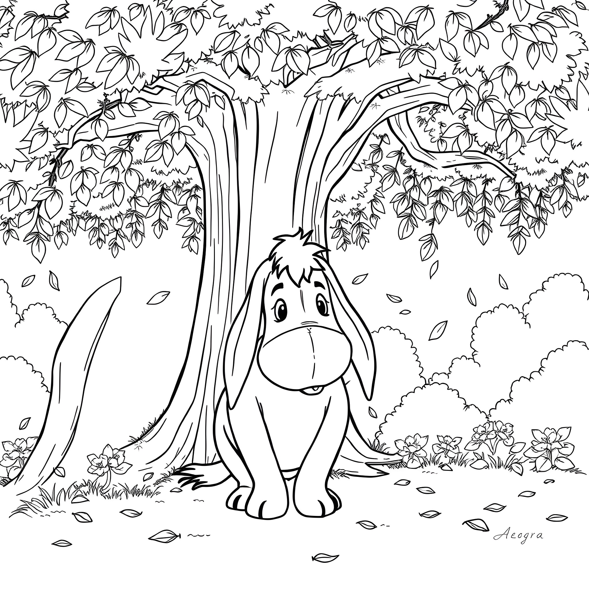 Eeyore sitting under a tree in an autumn forest Coloring Page (free black-and-white line drawing printable PDF for all, from beginners to advanced learners, including children, teens, adults, and seniors)