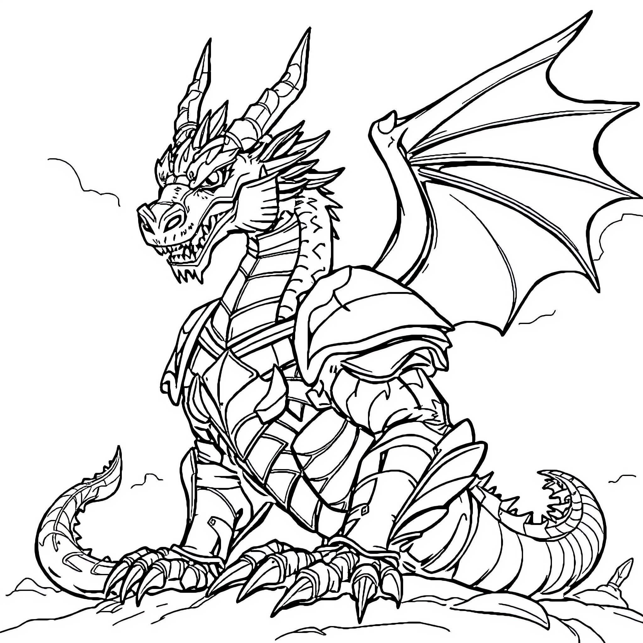 Dragon in armored battle pose with wings spread Coloring Page (free black-and-white line drawing printable PDF for all, from beginners to advanced learners, including children, teens, adults, and seniors)