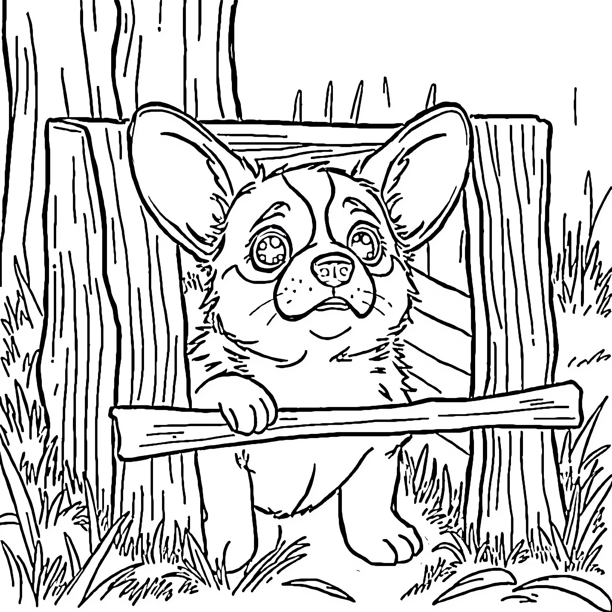 Corgi peeking curiously through wooden fence Coloring Page (free black-and-white line drawing printable PDF for all, from beginners to advanced learners, including children, teens, adults, and seniors)