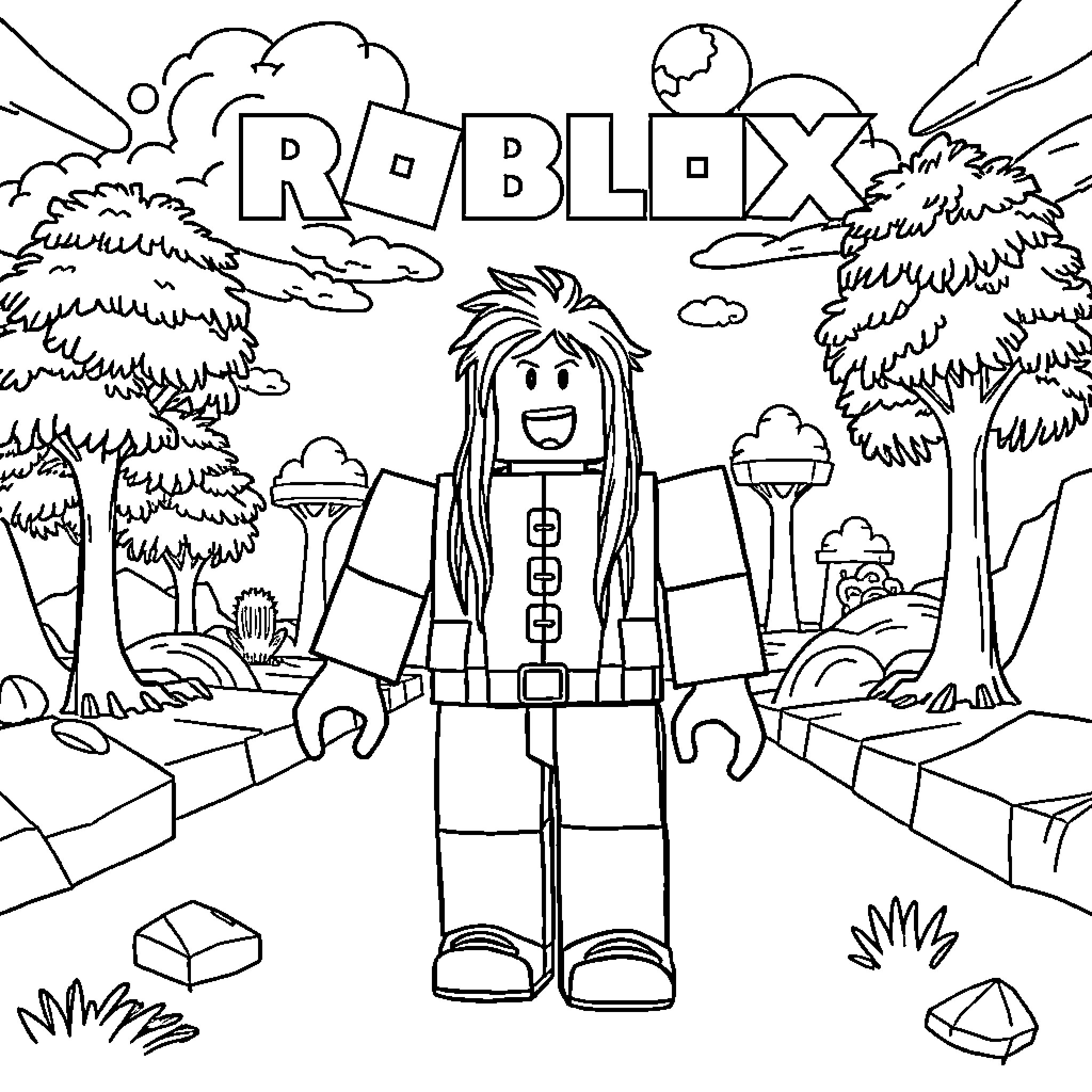 Roblox character exploring a vibrant outdoor scene Coloring Page (free black-and-white line drawing printable PDF for all, from beginners to advanced learners, including children, teens, adults, and seniors)