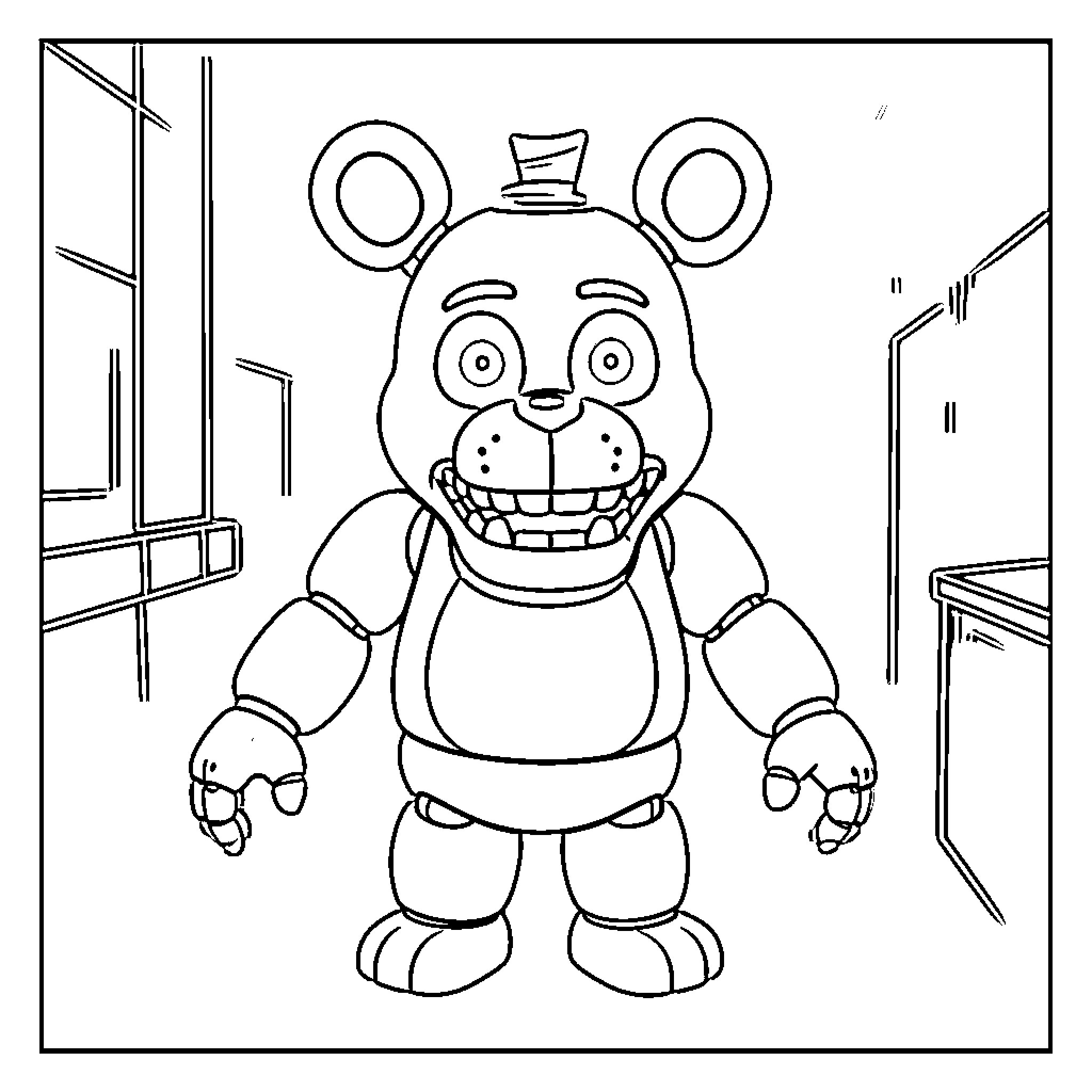 Freddy the Friendly Animatronic in the Spooky Pizzeria Coloring Page (free black-and-white line drawing printable PDF for all, from beginners to advanced learners, including children, teens, adults, and seniors)