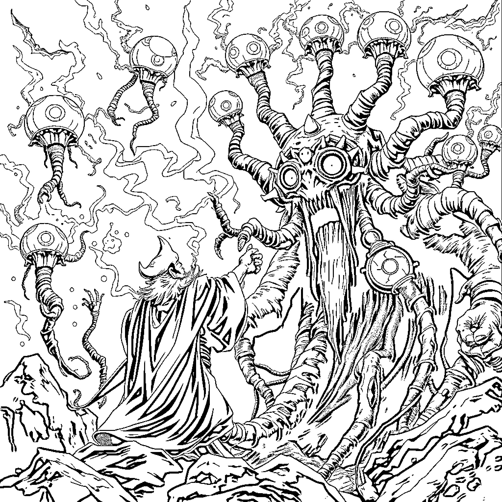 Wizard summoning fantastical creatures in a surreal realm Coloring Page (free black-and-white line drawing printable PDF for all, from beginners to advanced learners, including children, teens, adults, and seniors)