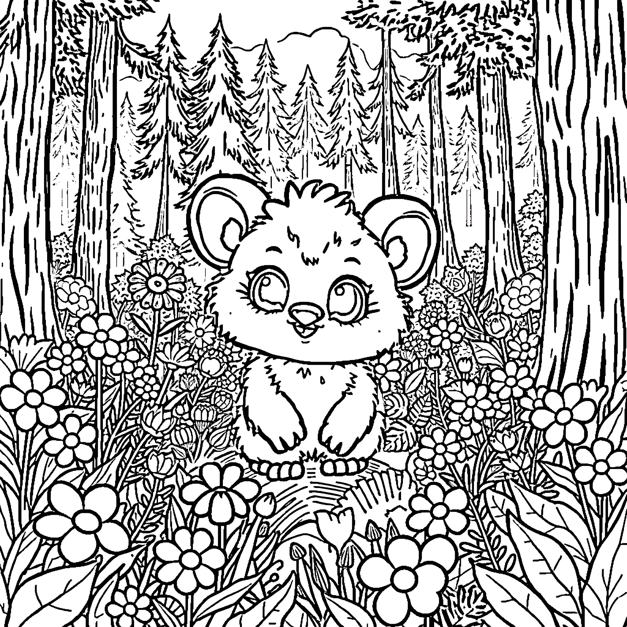 Labubu in a whimsical forest setting Coloring Page (free black-and-white line drawing printable PDF for all, from beginners to advanced learners, including children, teens, adults, and seniors)