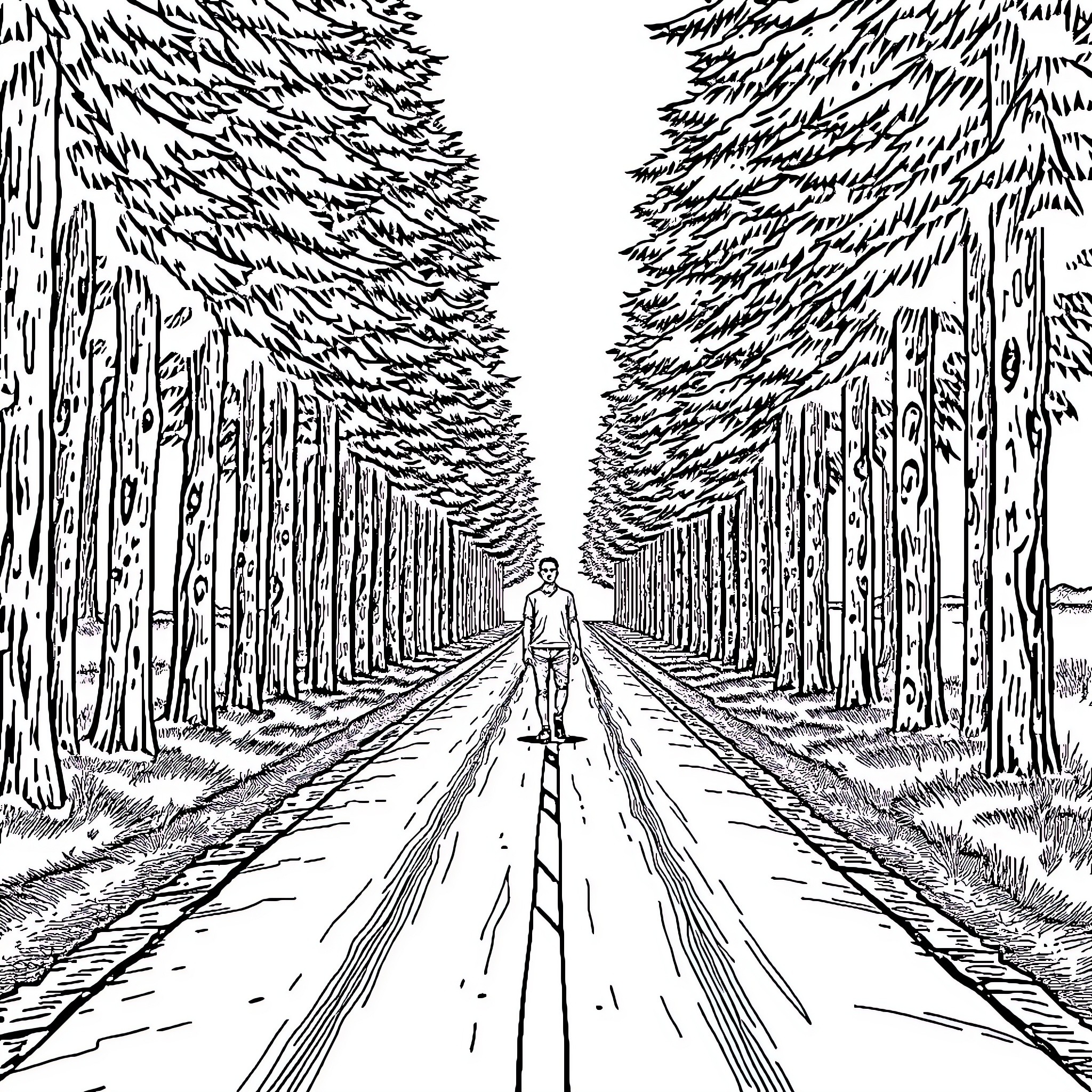 Man walking alone through the winding forest path Coloring Page (free black-and-white line drawing printable PDF for all, from beginners to advanced learners, including children, teens, adults, and seniors)