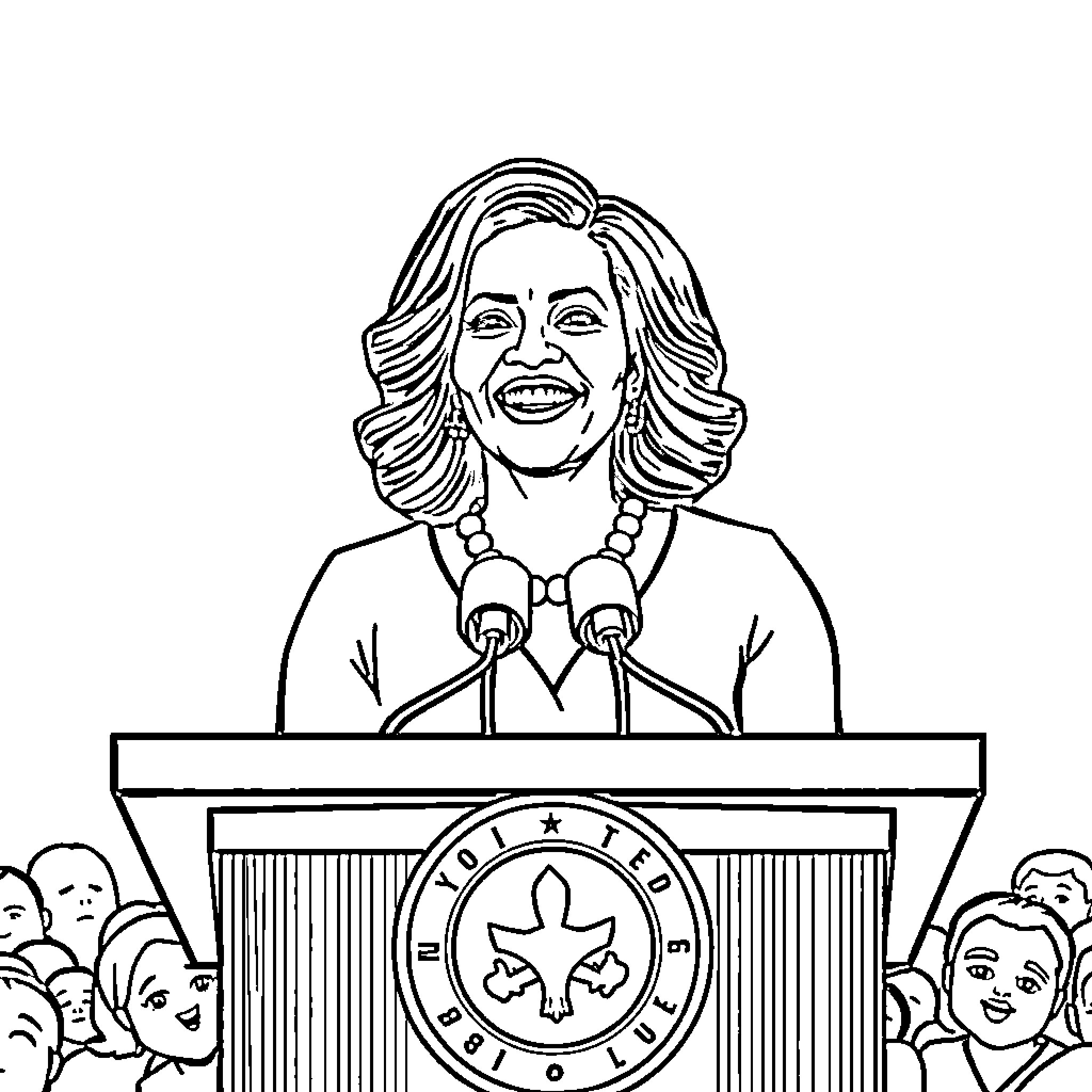 Michelle Obama delivering a speech to a crowd Coloring Page (free black-and-white line drawing printable PDF for all, from beginners to advanced learners, including children, teens, adults, and seniors)