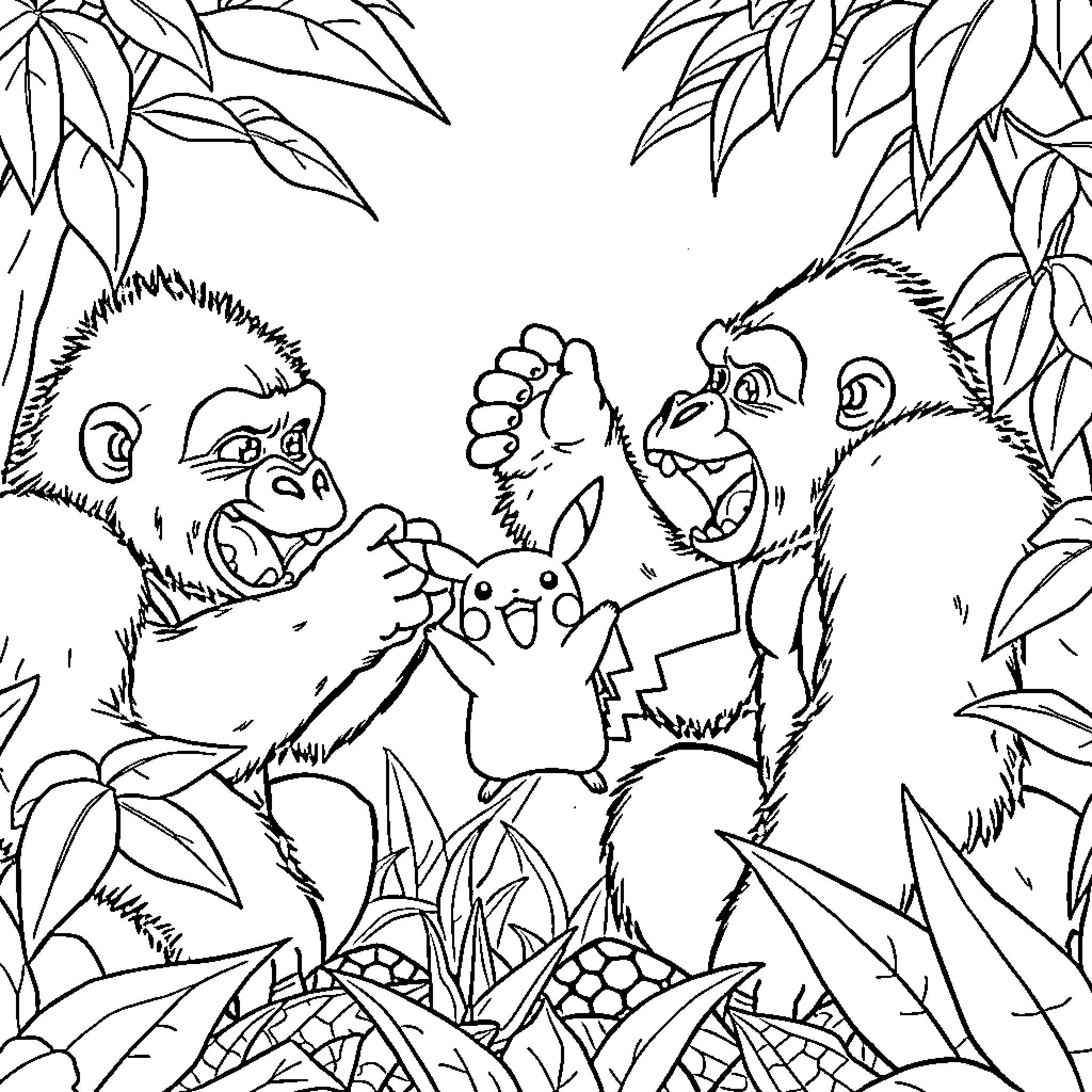 Gorilla pair exploring the lush jungle foliage Coloring Page (free black-and-white line drawing printable PDF for all, from beginners to advanced learners, including children, teens, adults, and seniors)