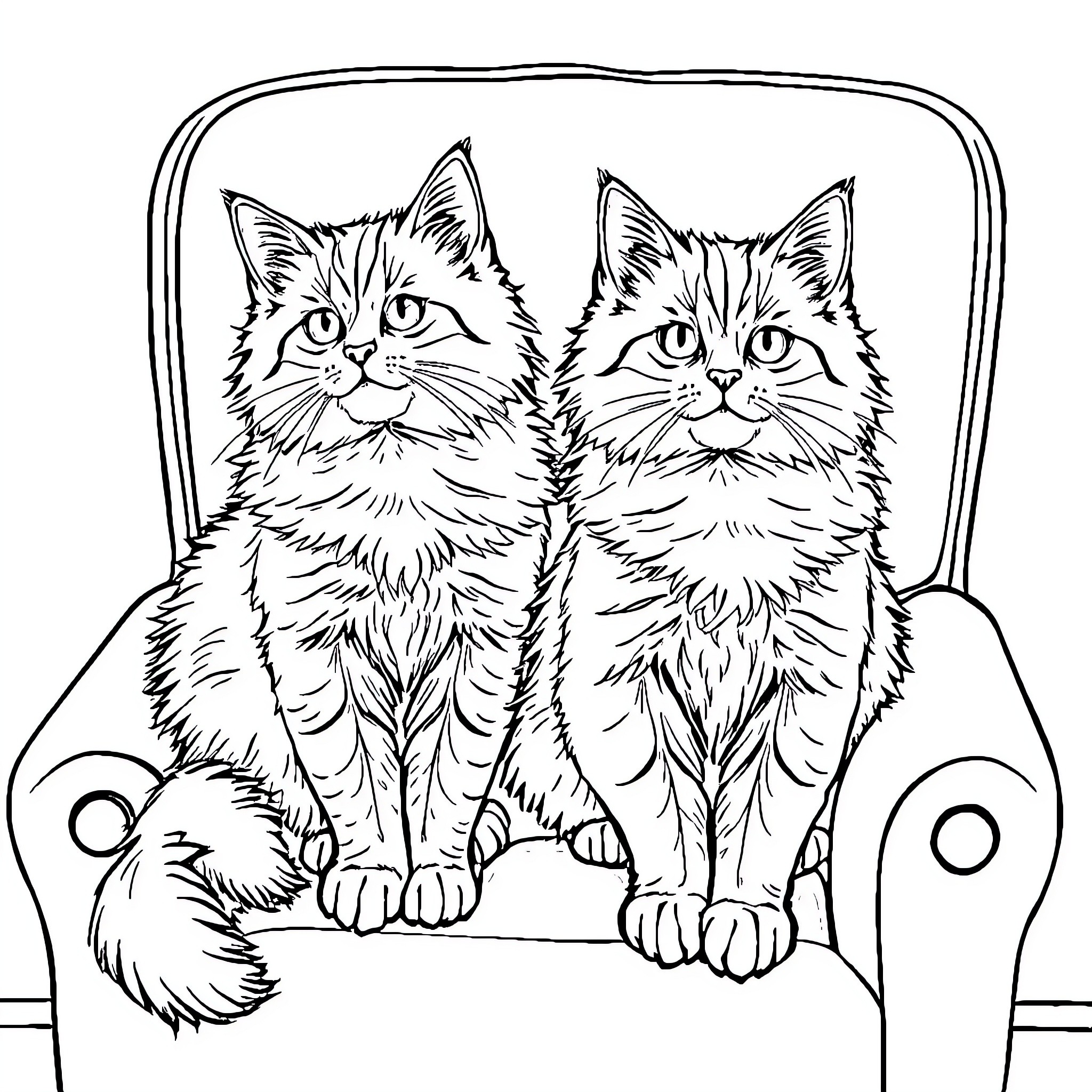 Cat companions sitting calmly on a chair Coloring Page (free black-and-white line drawing printable PDF for all, from beginners to advanced learners, including children, teens, adults, and seniors)
