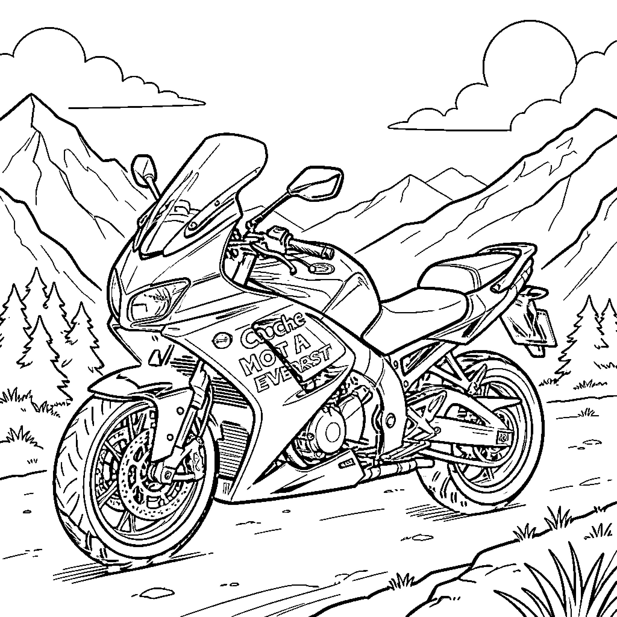 Motorcycle speeding through mountainous terrain Coloring Page (free black-and-white line drawing printable PDF for all, from beginners to advanced learners, including children, teens, adults, and seniors)