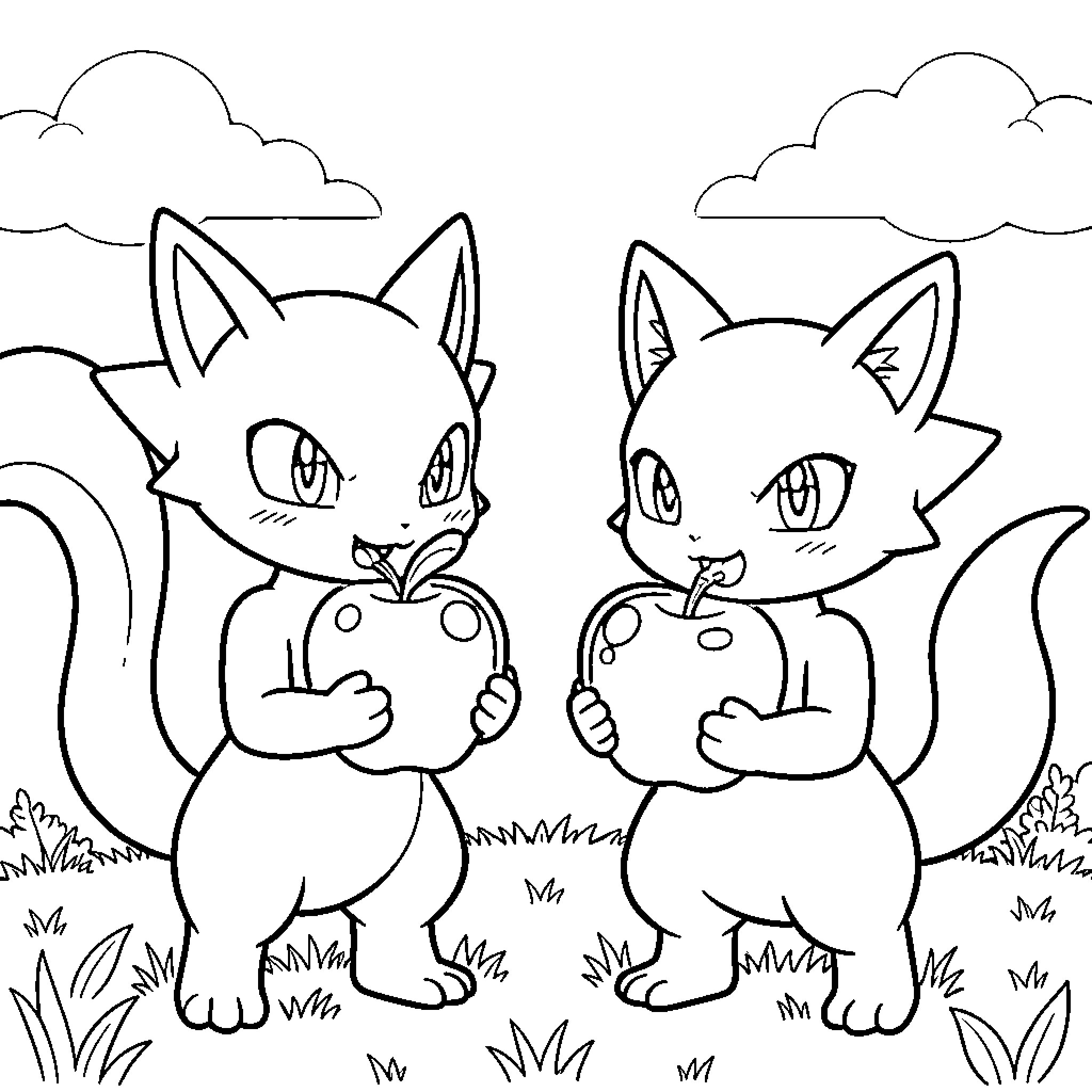 Mewtwo Inspired Cute Cat Characters in Nature Coloring Page (free black-and-white line drawing printable PDF for all, from beginners to advanced learners, including children, teens, adults, and seniors)