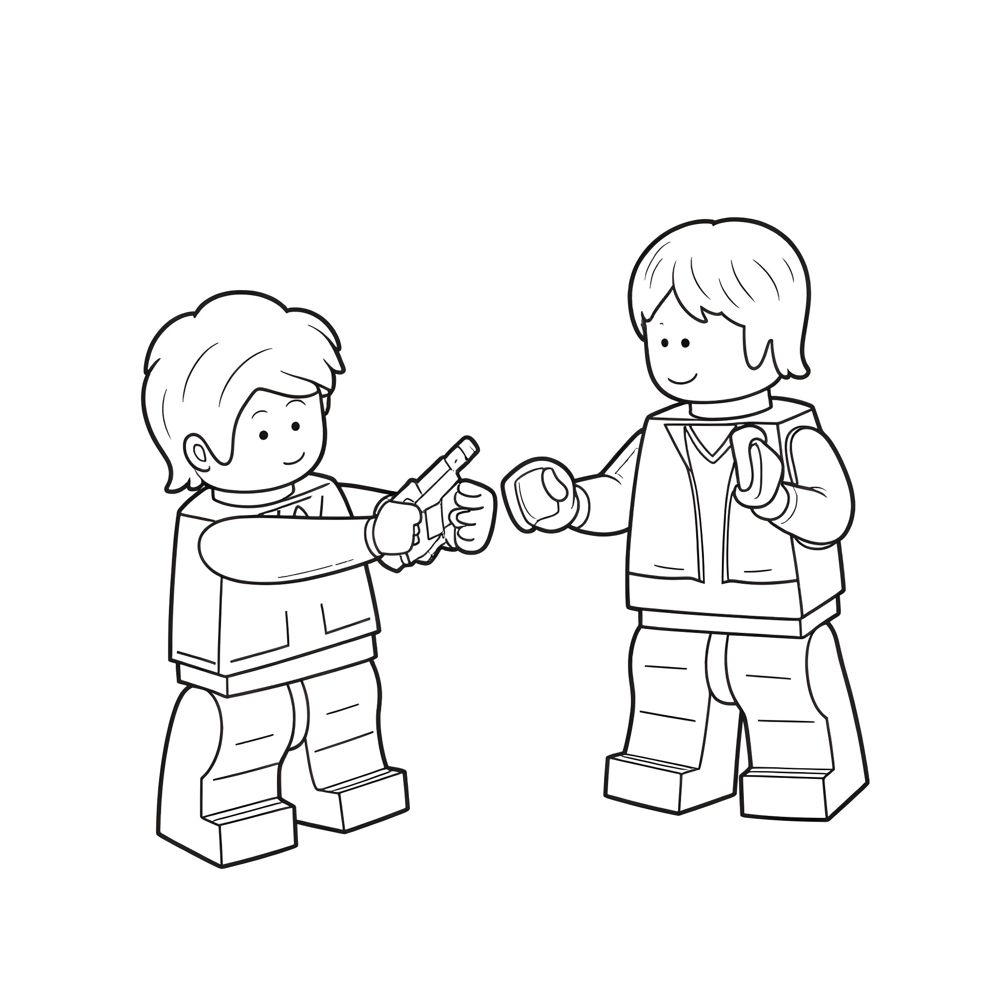 Lego People Collaborating on a Project Coloring Page (free black-and-white line drawing printable PDF for all, from beginners to advanced learners, including children, teens, adults, and seniors)
