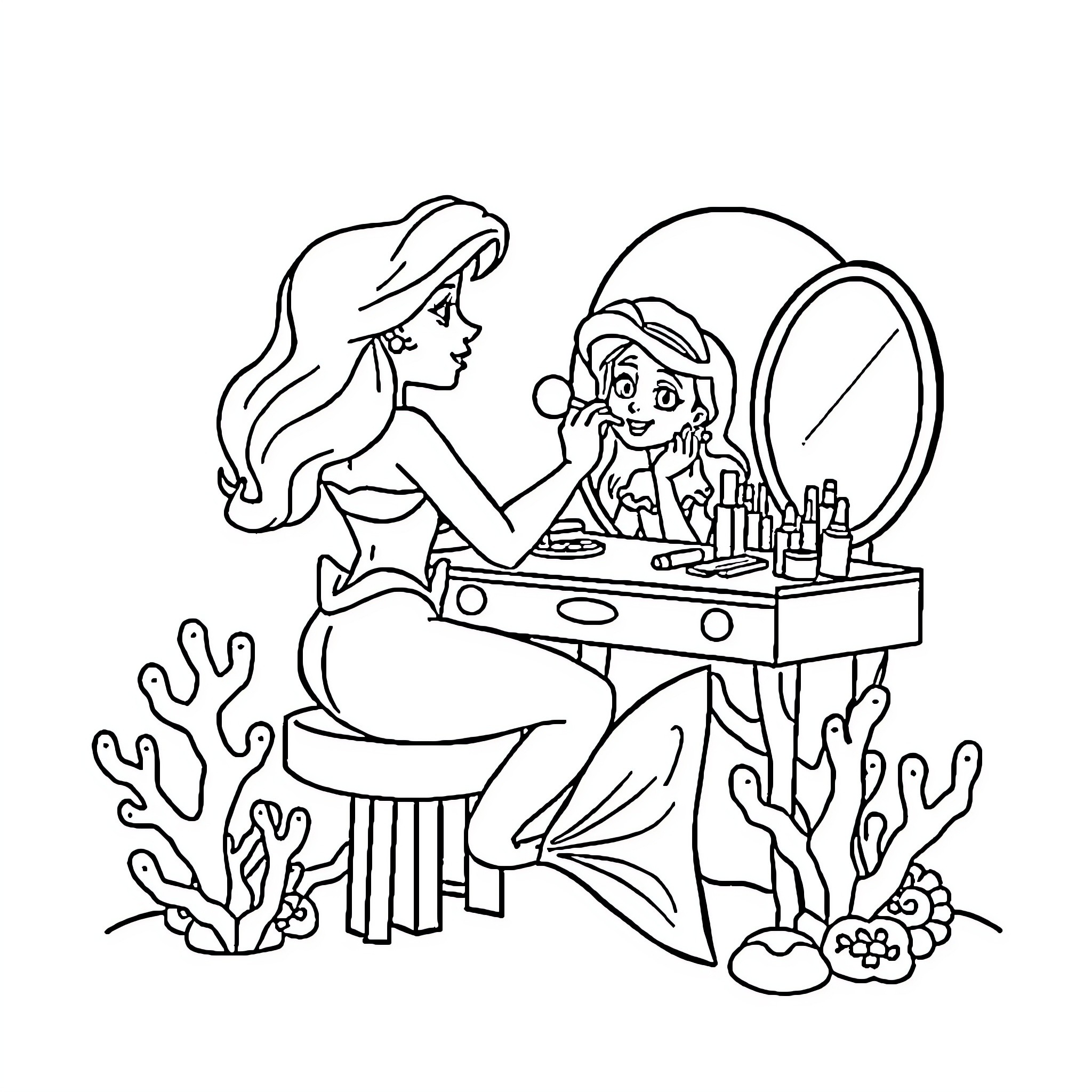 Mermaid preparing for an adventure Coloring Page (free black-and-white line drawing printable PDF for all, from beginners to advanced learners, including children, teens, adults, and seniors)