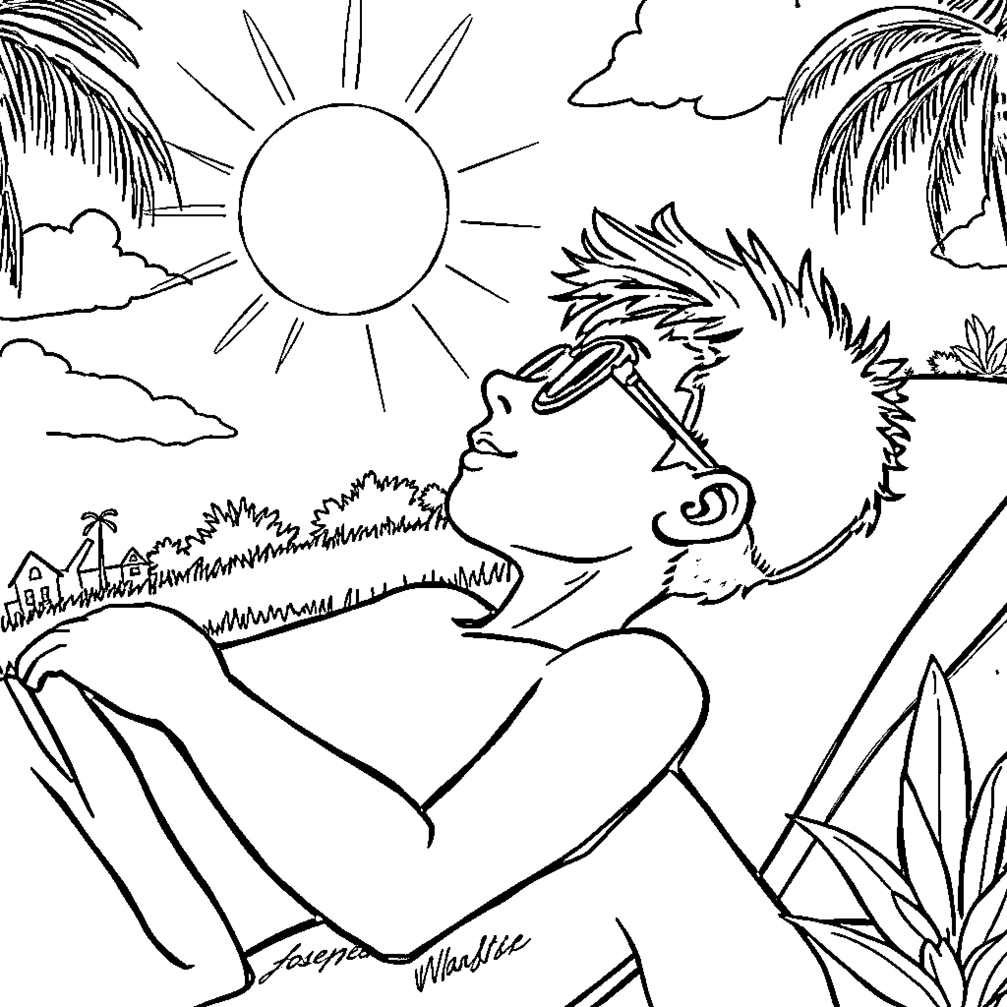 Joseph Brooke enjoying a sunny day outdoors Coloring Page (free black-and-white line drawing printable PDF for all, from beginners to advanced learners, including children, teens, adults, and seniors)