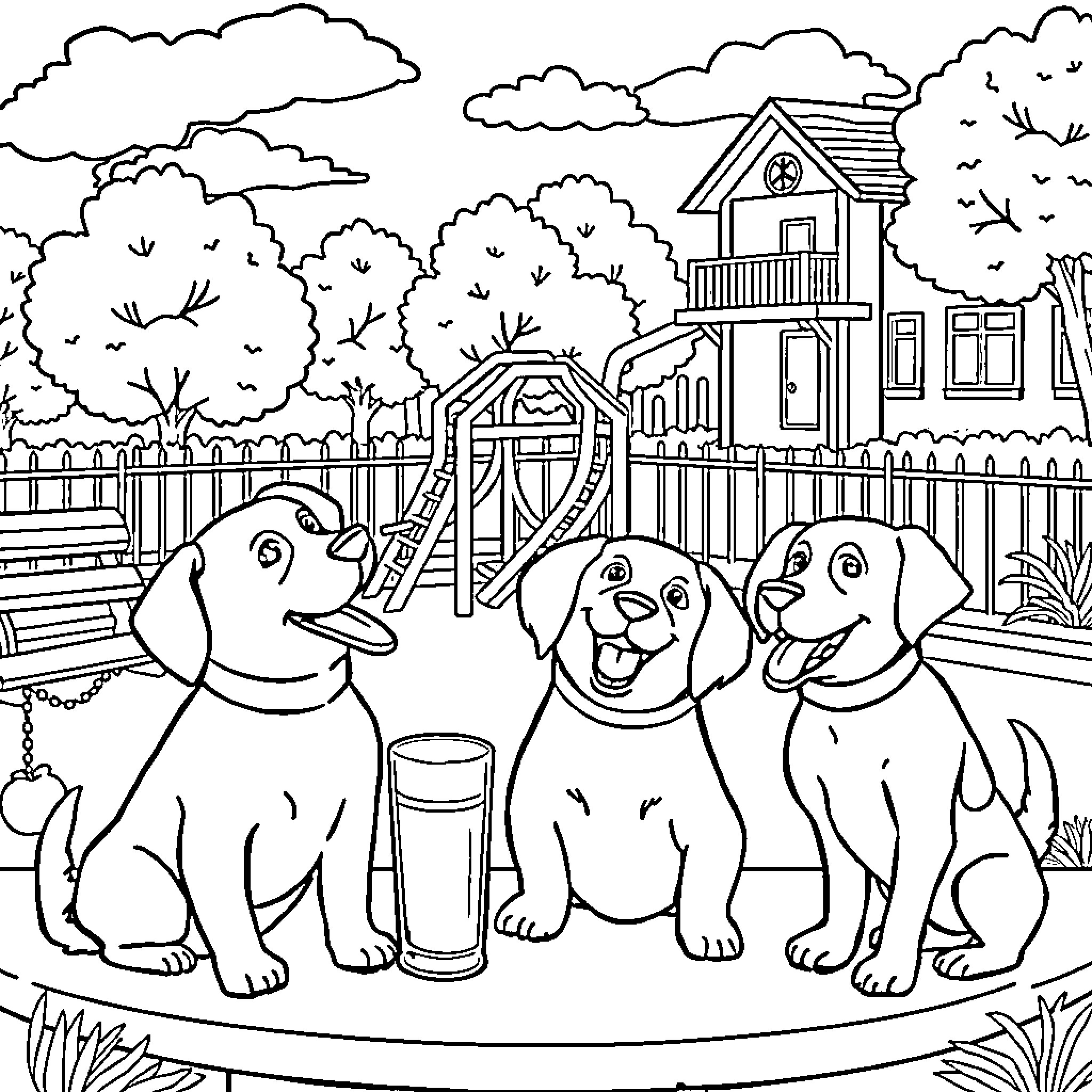 Dog companions enjoying a day in the yard Coloring Page (free black-and-white line drawing printable PDF for all, from beginners to advanced learners, including children, teens, adults, and seniors)