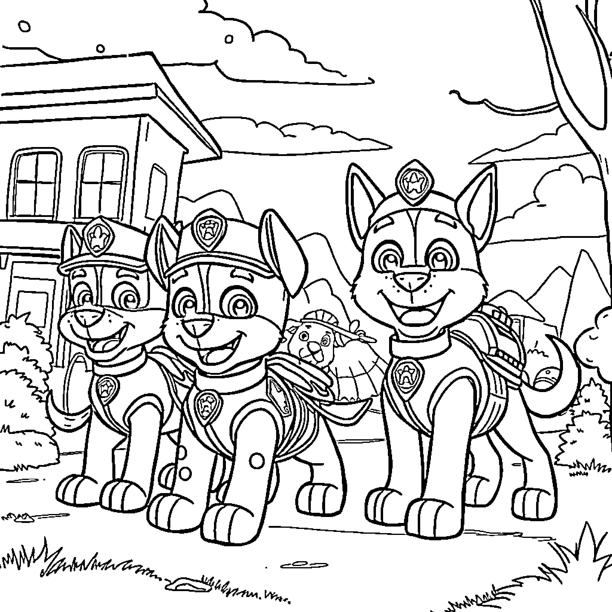 Paw Patrol characters in action-packed scene Coloring Page (free black-and-white line drawing printable PDF for all, from beginners to advanced learners, including children, teens, adults, and seniors)