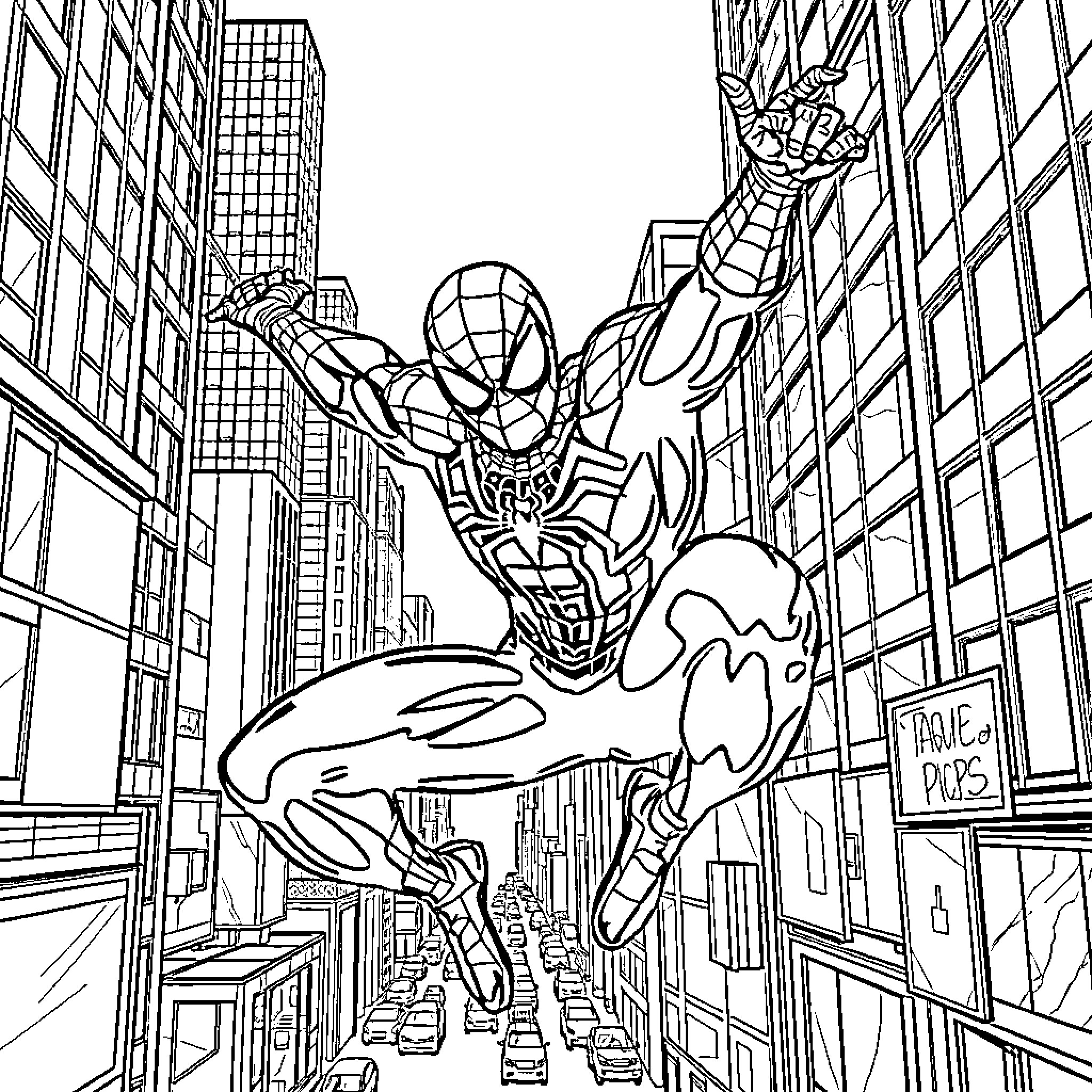 Spider-Man swinging through the city on a web Coloring Page (free black-and-white line drawing printable PDF for all, from beginners to advanced learners, including children, teens, adults, and seniors)