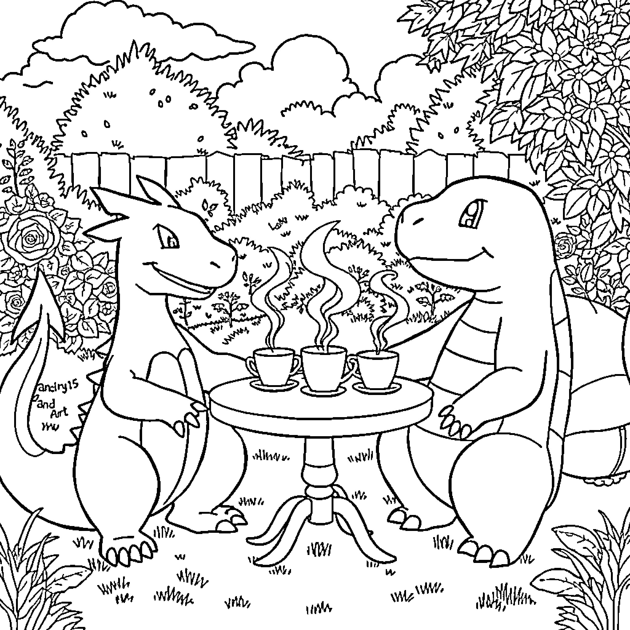 Pokémon Enjoying Tea Party in Outdoor Garden Coloring Page (free black-and-white line drawing printable PDF for all, from beginners to advanced learners, including children, teens, adults, and seniors)