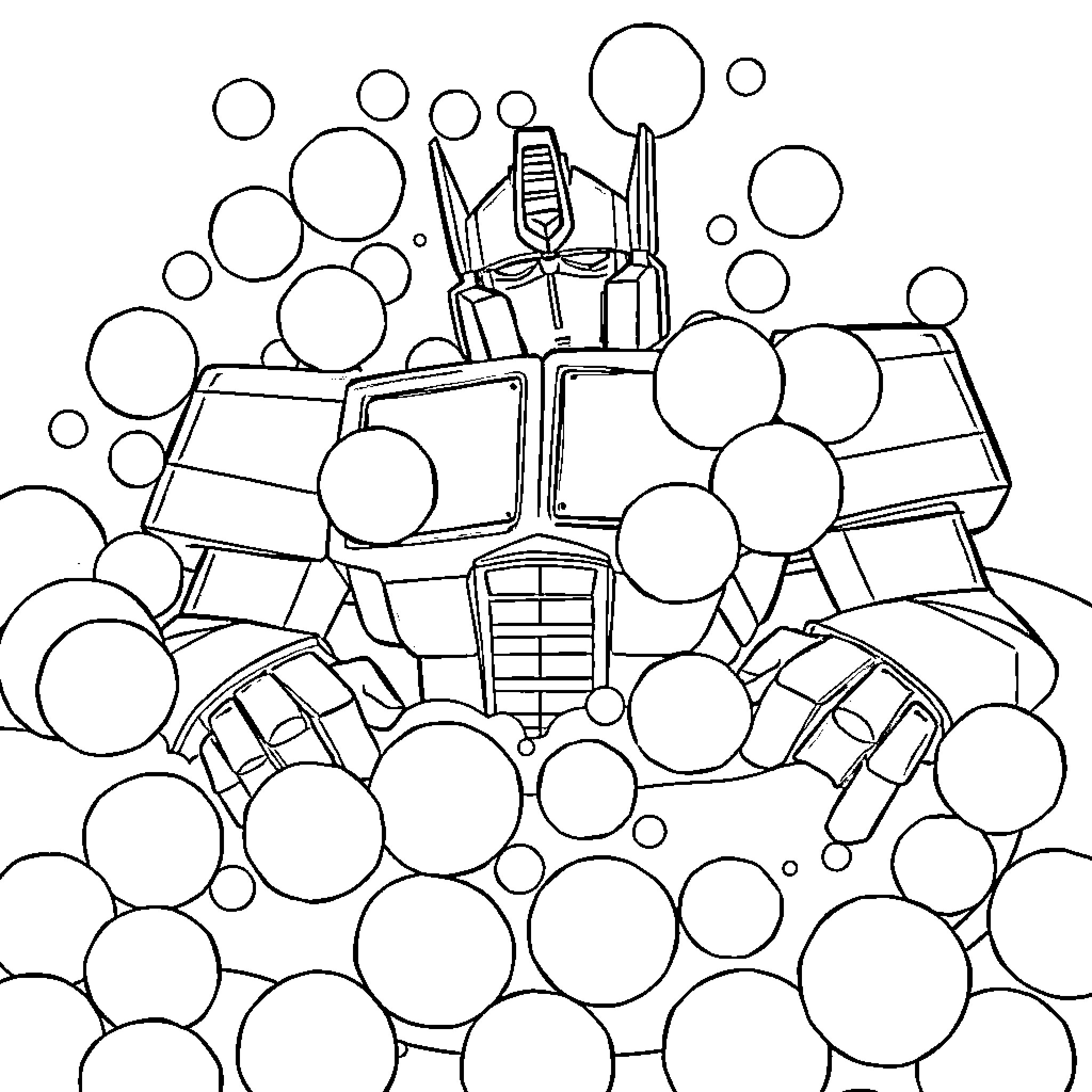 Optimus Prime in a bubbly adventure Coloring Page (free black-and-white line drawing printable PDF for all, from beginners to advanced learners, including children, teens, adults, and seniors)