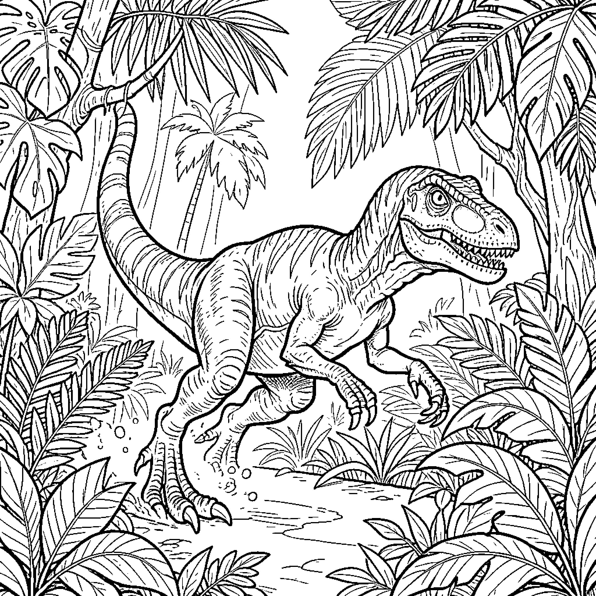 Velociraptor exploring the lush jungle landscape Coloring Page (free black-and-white line drawing printable PDF for all, from beginners to advanced learners, including children, teens, adults, and seniors)