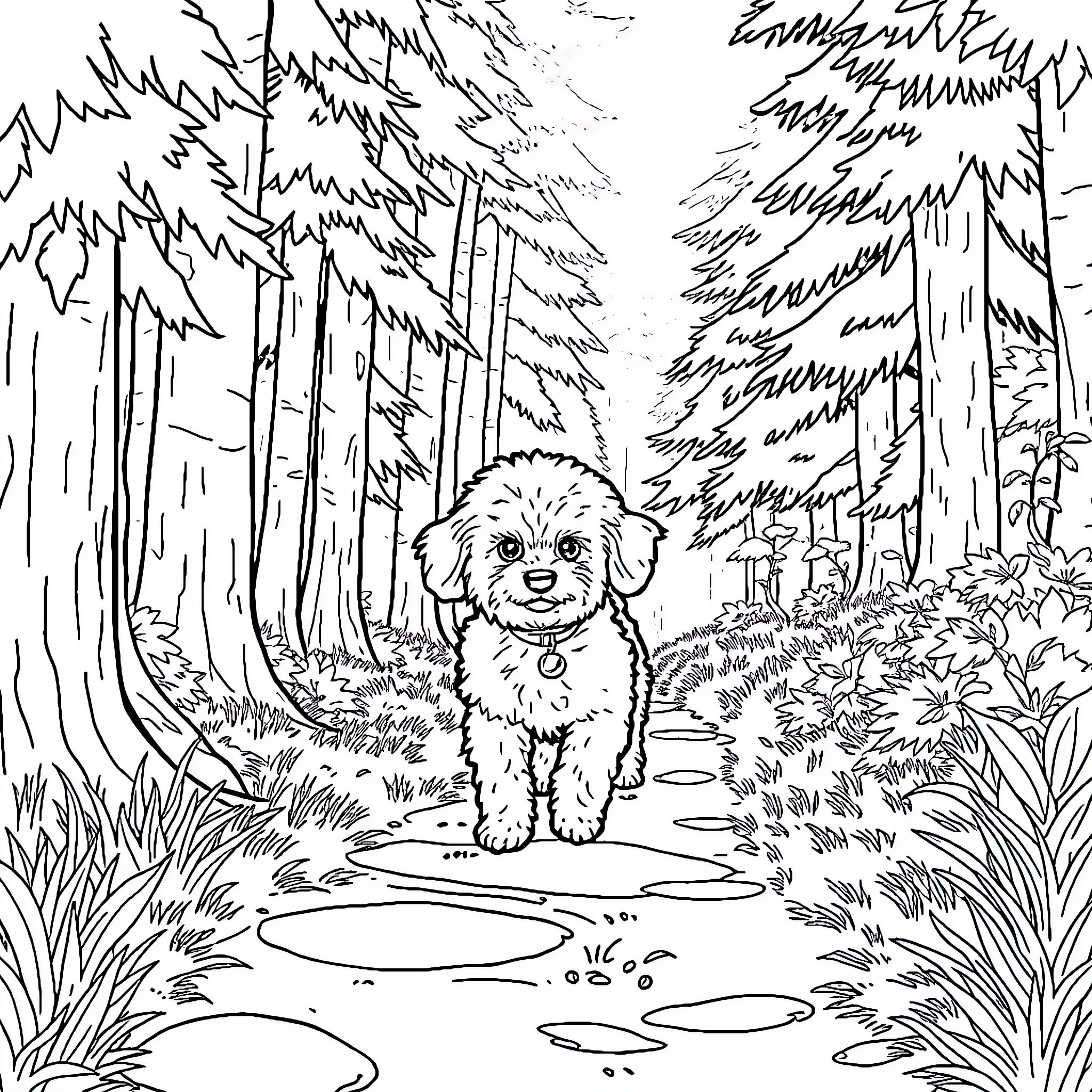 Poodle exploring the enchanted forest Coloring Page (free black-and-white line drawing printable PDF for all, from beginners to advanced learners, including children, teens, adults, and seniors)