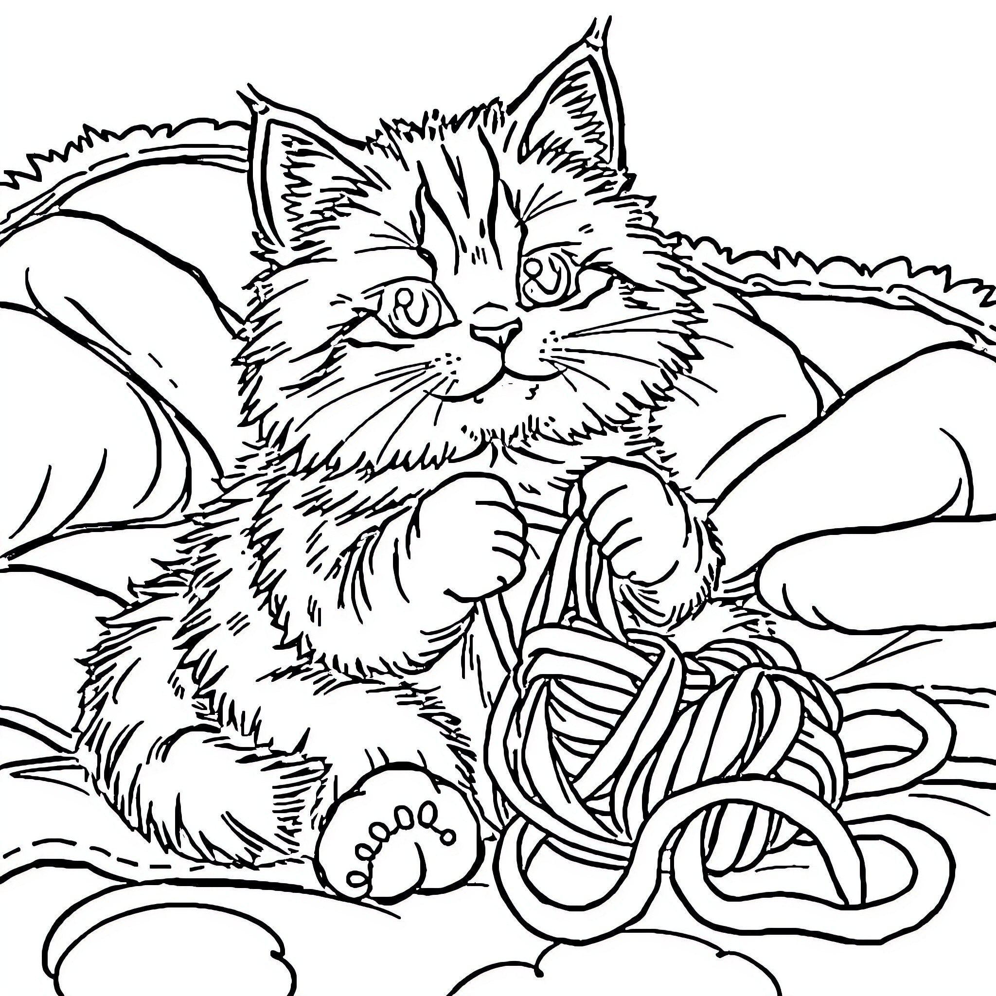 Cat playing with yarn in cozy den Coloring Page (free black-and-white line drawing printable PDF for all, from beginners to advanced learners, including children, teens, adults, and seniors)